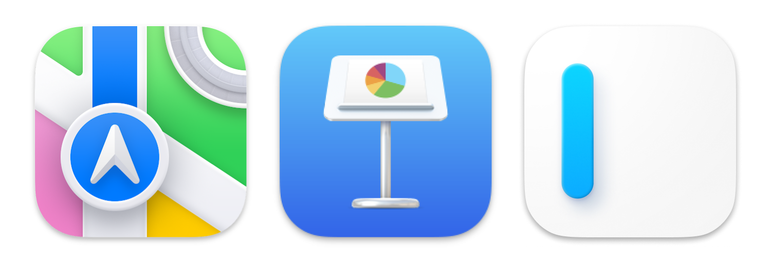 2 macOS icons and iA Writer icon: Maps, Keynote, iA Writer 