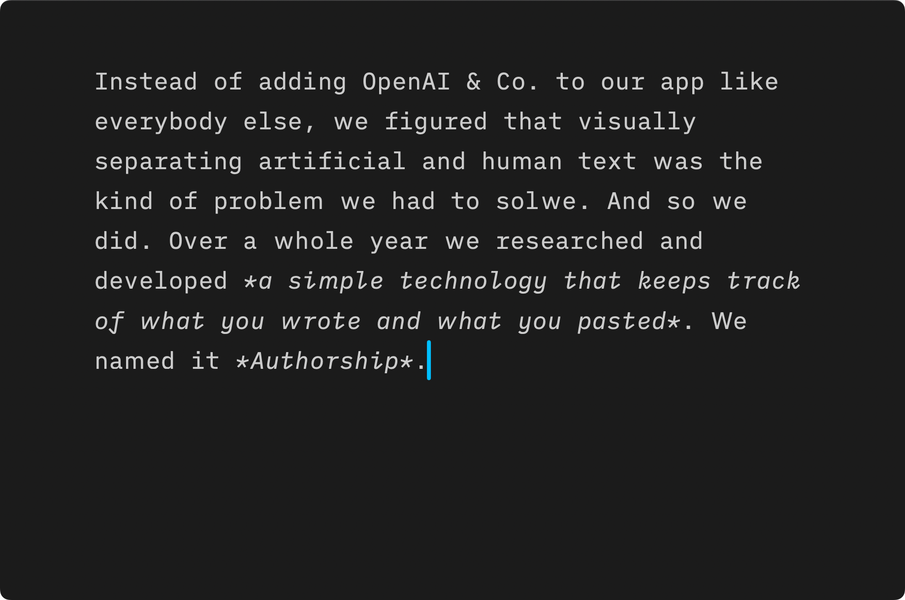 Screenshot of iA Writer’s Editor showing text with a typo used to test Writing Tools.