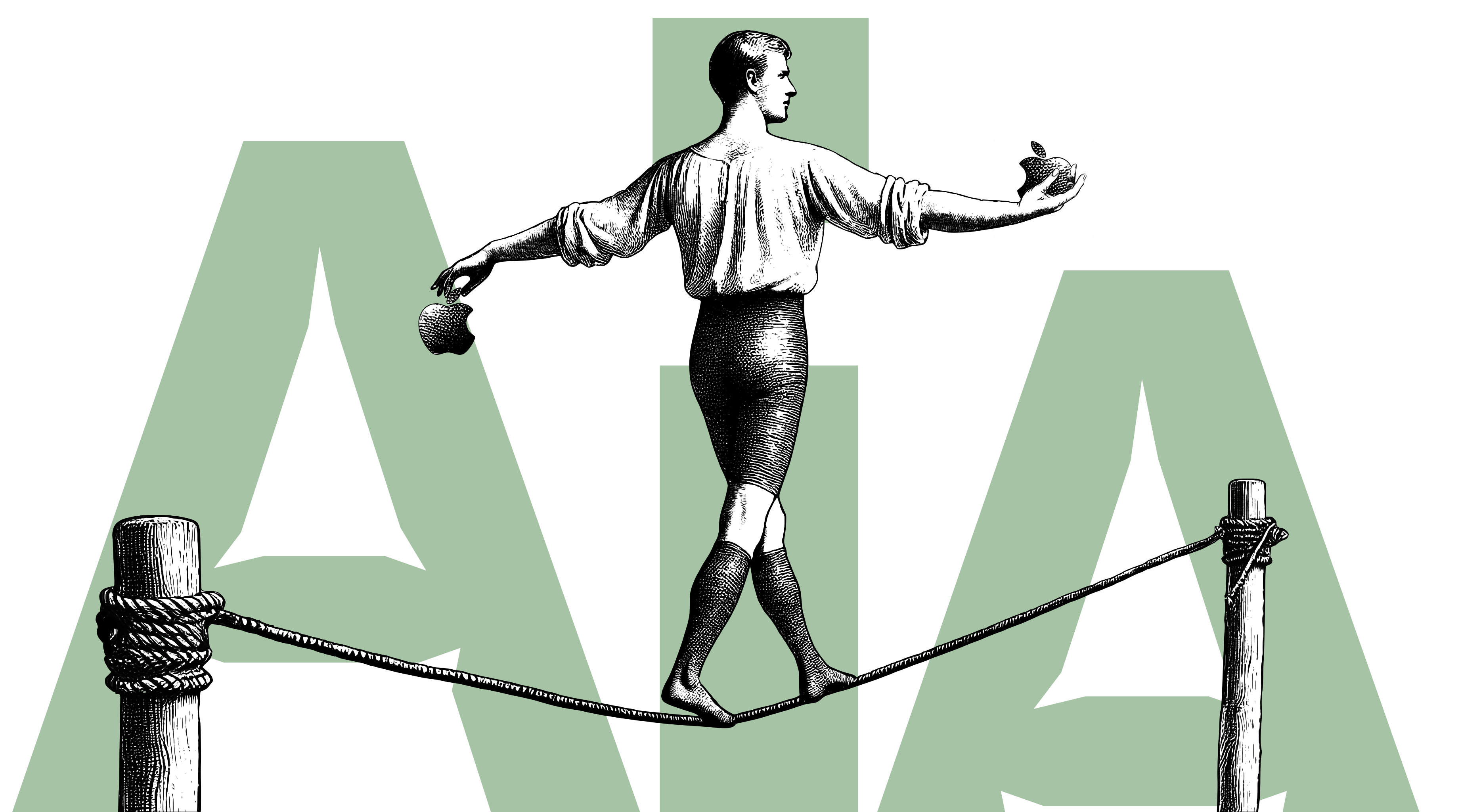 Black and white drawing of a man walking on a tightrope with the letters AIA in the background.