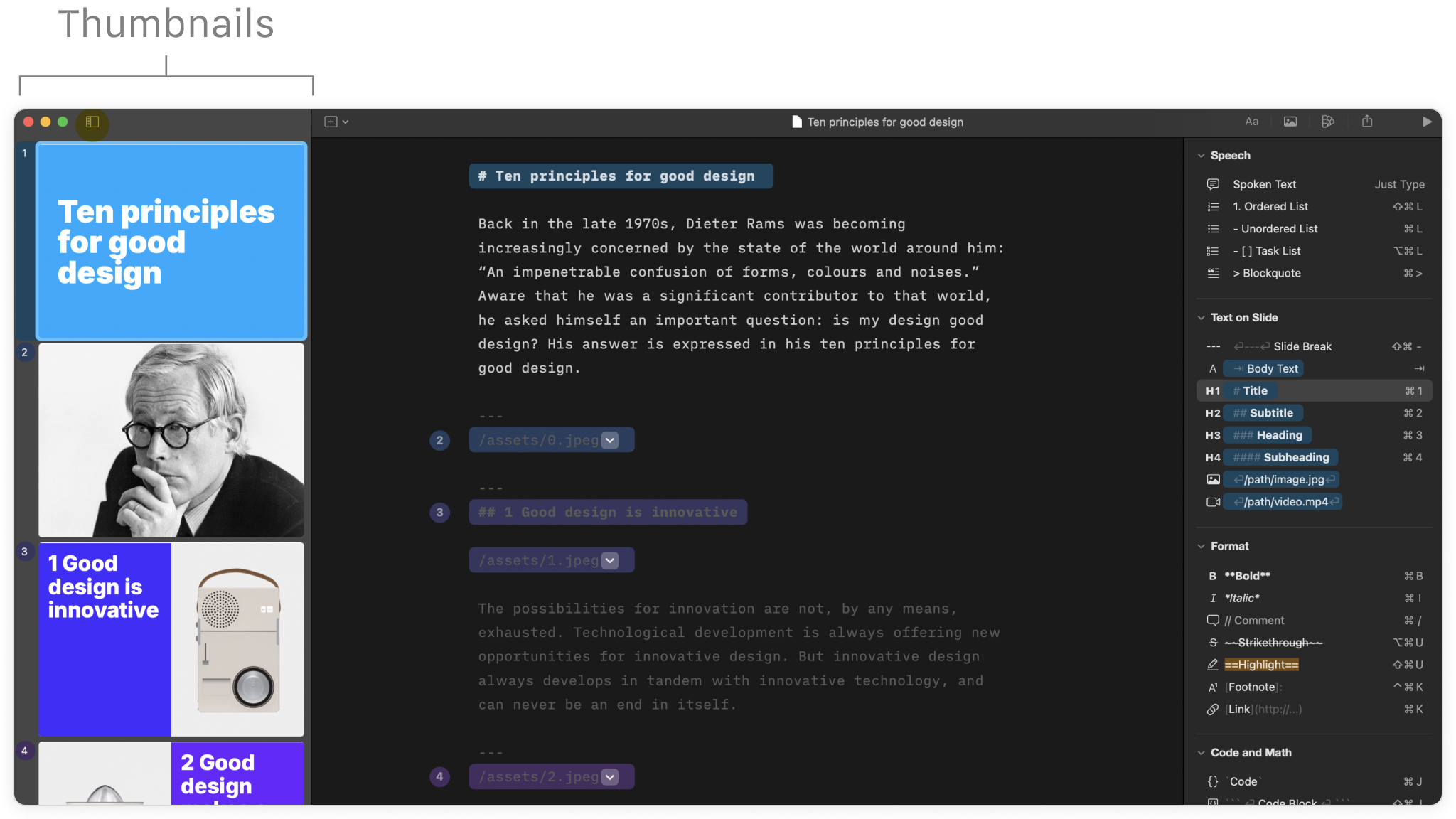 The Thumbnails pane on the left side, made a bit bigger.