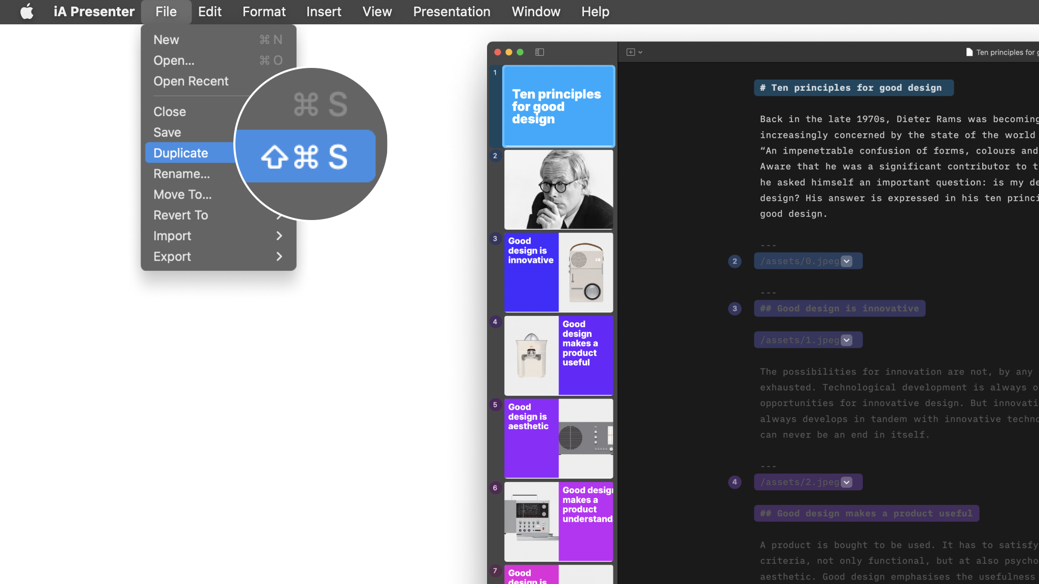 A screenshot of Presenter's interface with the File menu open showing the shortcuts associated to each action.