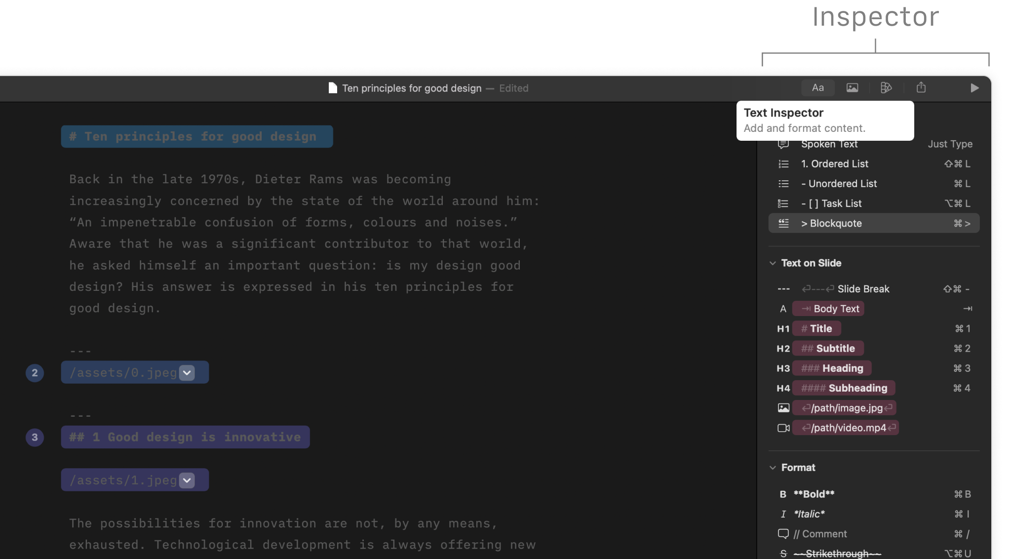 The Text tab with formatting options in the Inspector on the right side of the Editor.