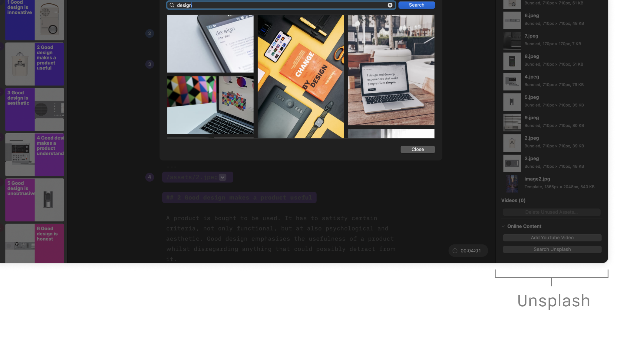 The Unsplash integration in the Editor, with an Unsplash search window open in the foreground.