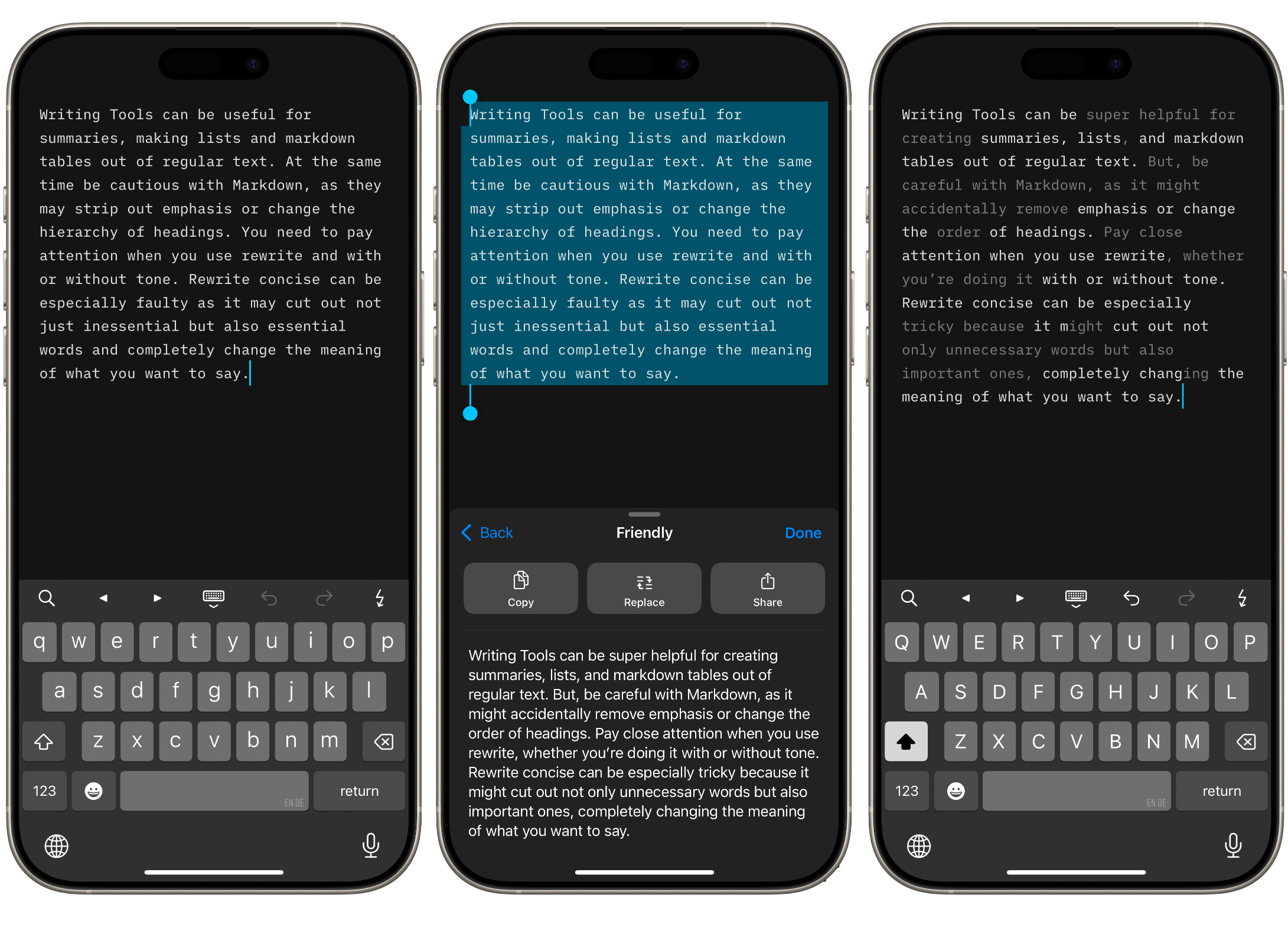 Three iPhones side by side showing the Apple Writing Tool in use with iA’s Authorship feature.