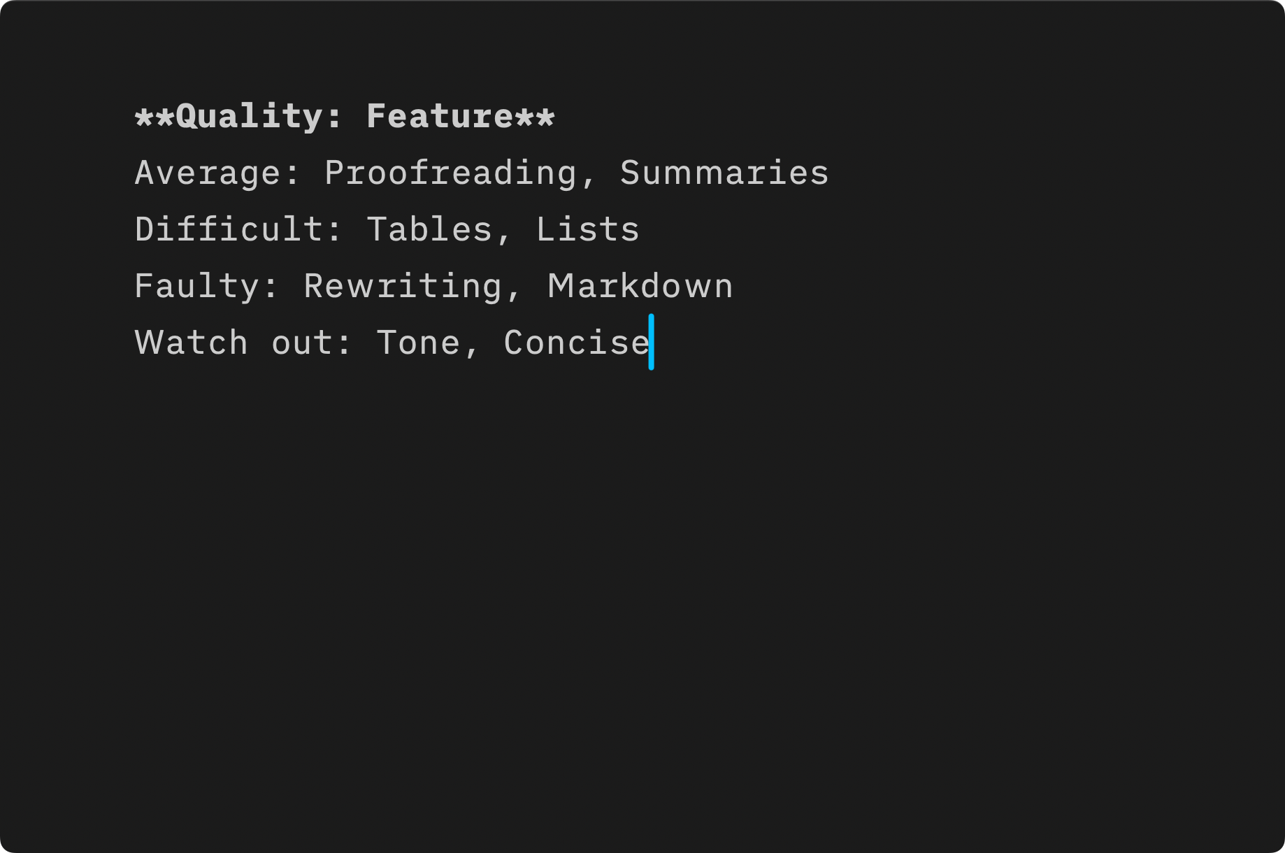 Screenshot of iA Writer’s Editor displaying a list of element to convert into a table.
