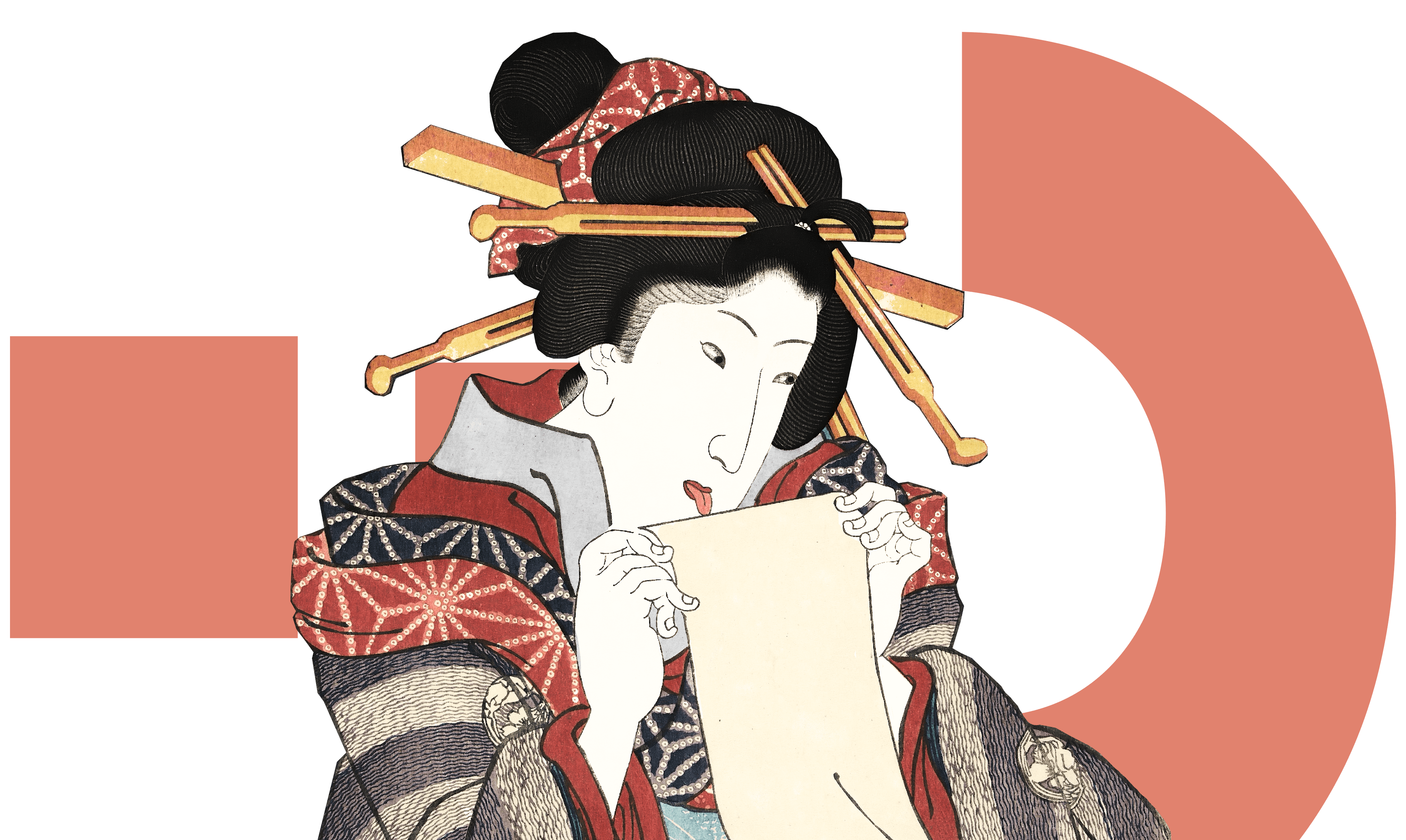 Japanese lady sending letter questionmark ukyoe