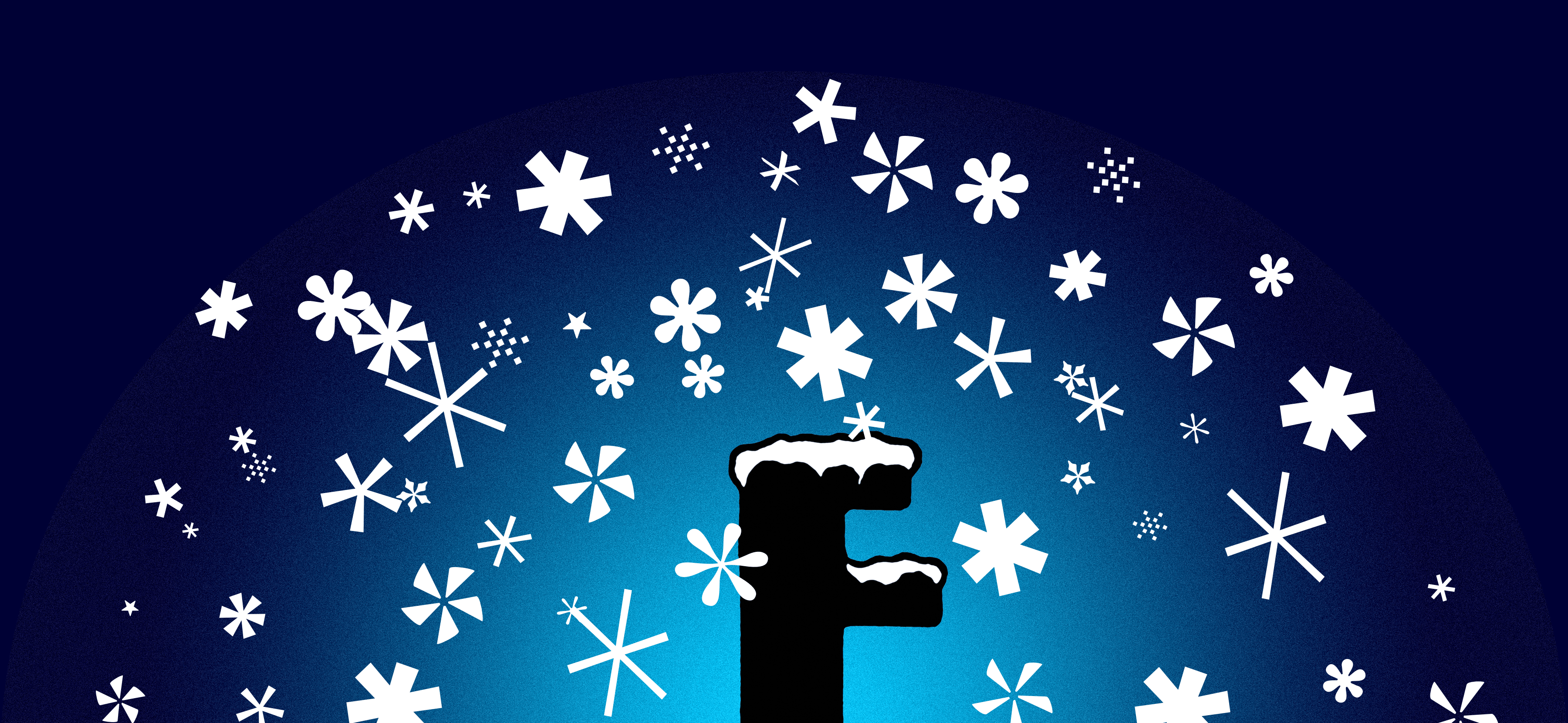 The letter F in solid black, topped with snow and surrounded by snowflakes on a dark blue snowy night background.