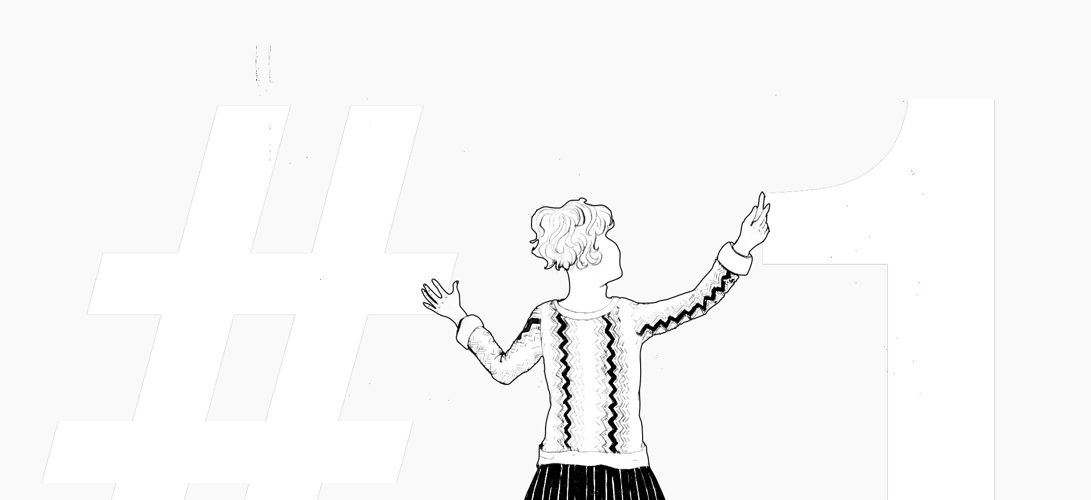 Black and white drawing of a girl writing on a chalkboard with a large hashtag and the number 1.