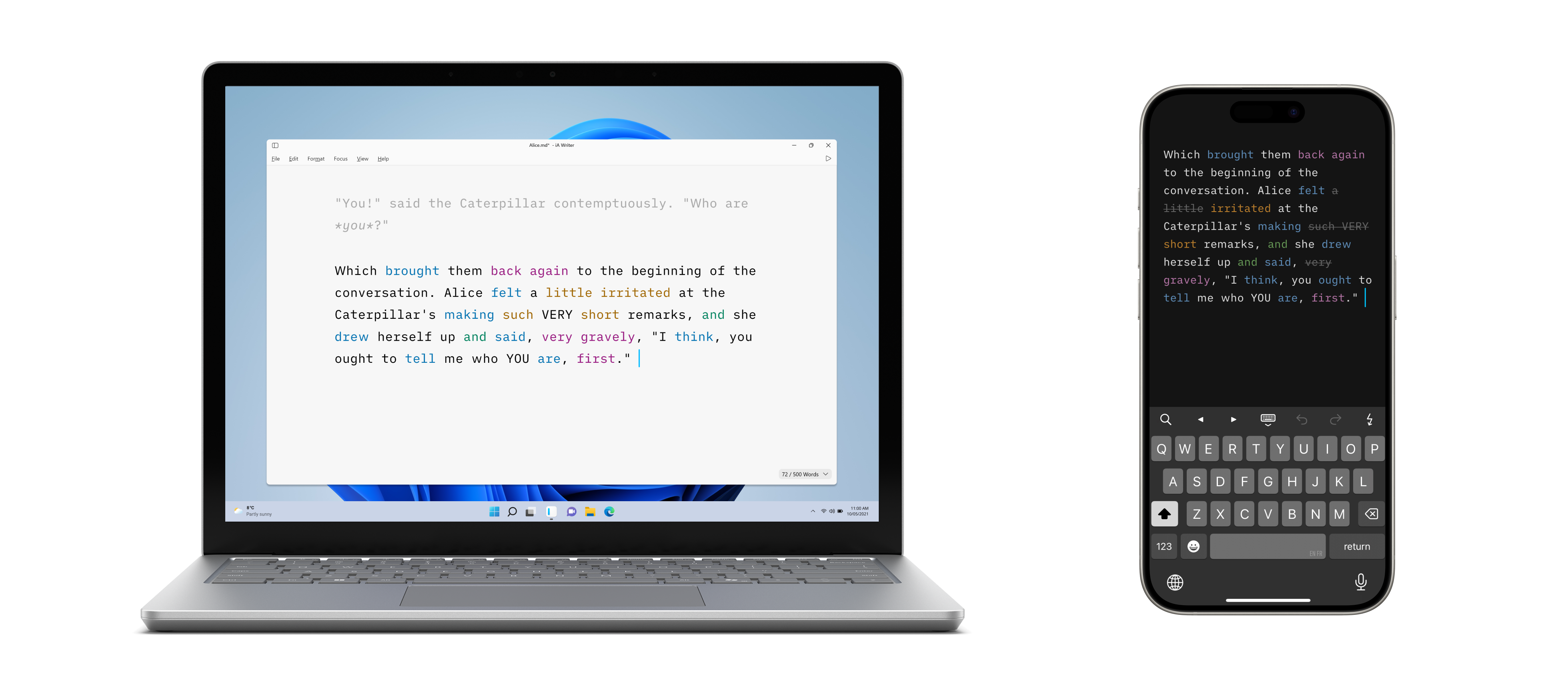 iA Writer Syntax Control and Style Check shown on Windows Surface and iPhone
