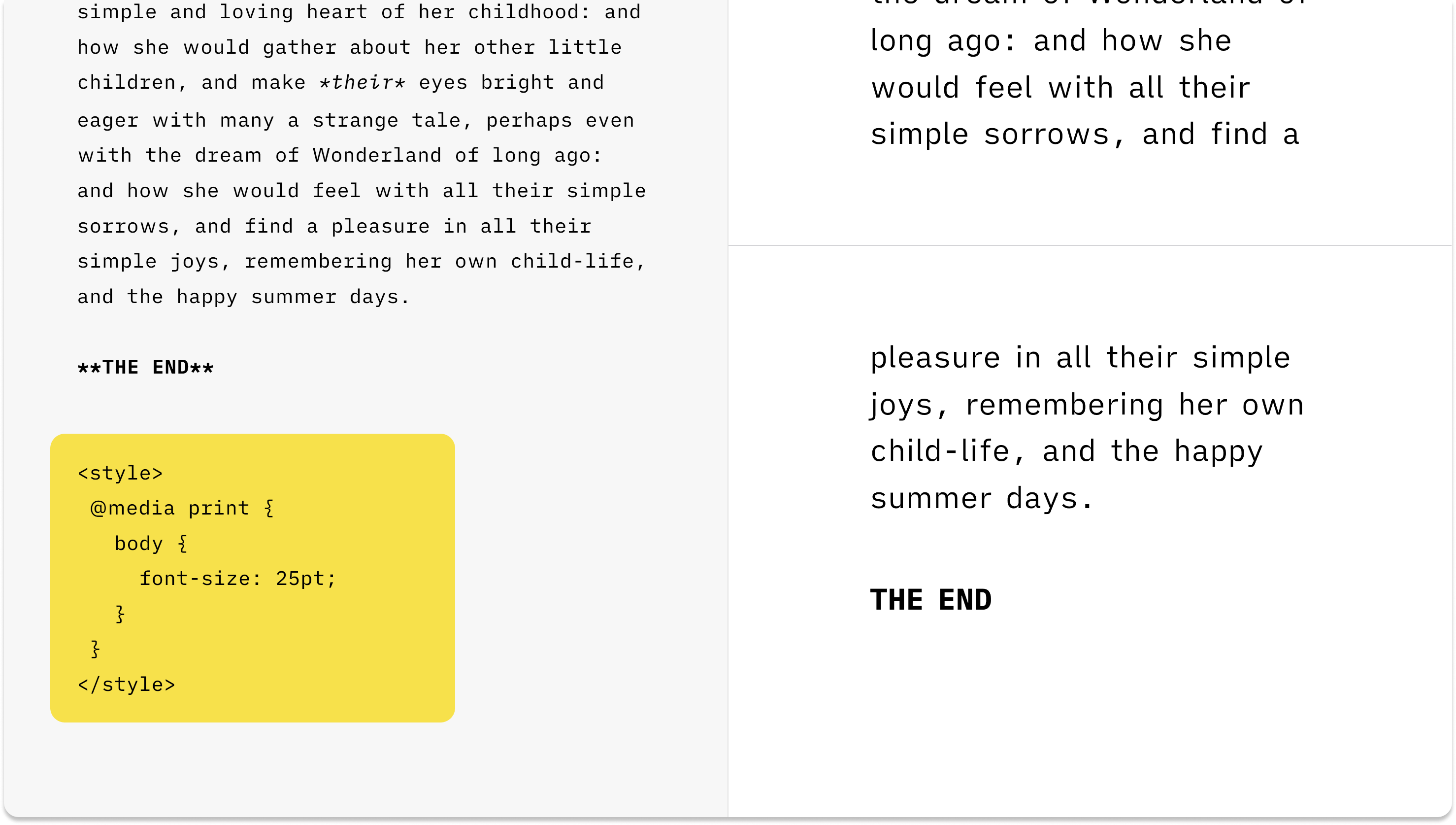 A screenshot of an HTML style block in the Editor and its rendering in Preview.