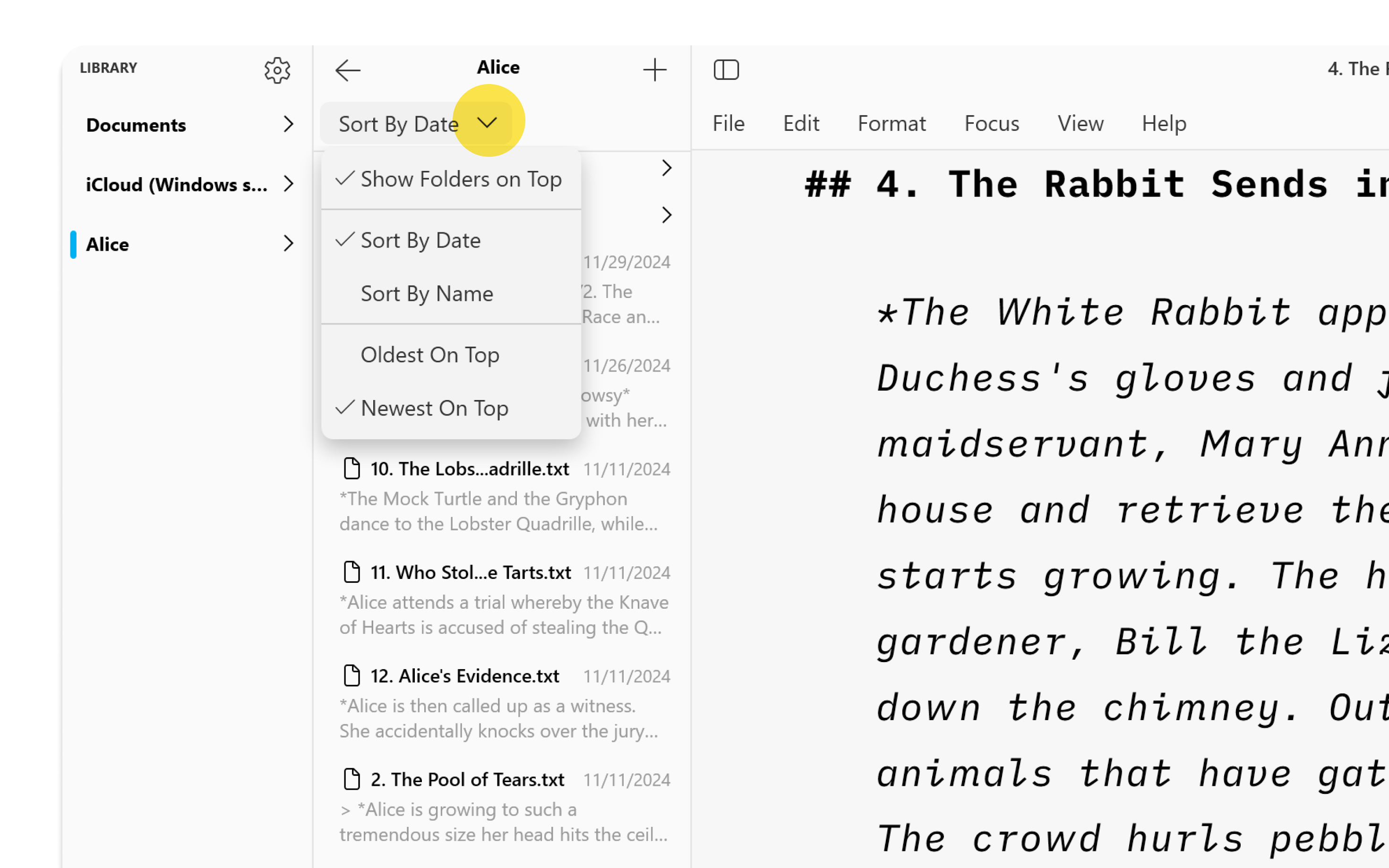 A screenshot of a context menu opened from the Sort option in the Library.