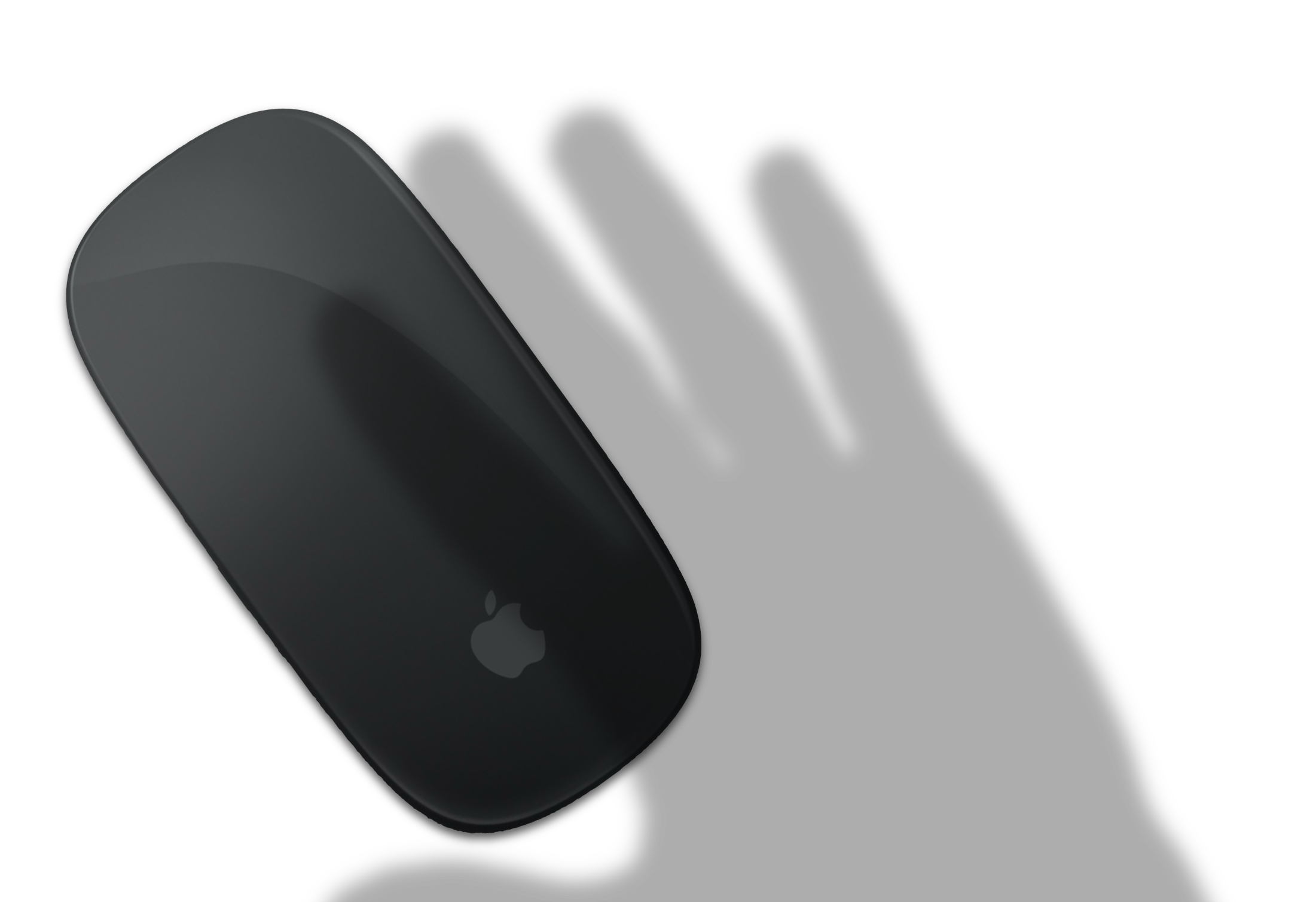 Shadow of a hand over a black Apple Magic Mouse