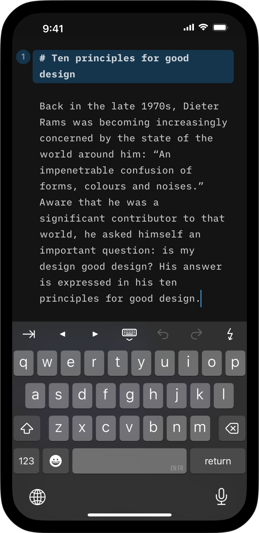 Screenshot of iA Presenter’s Editor with typed text.