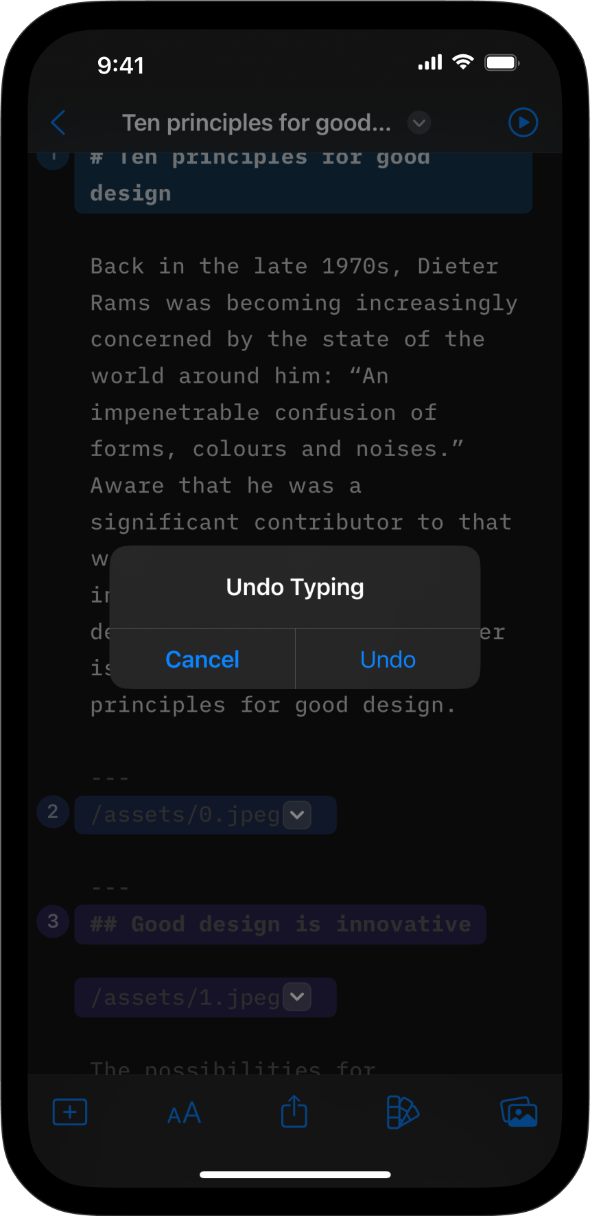 Screenshot of the Editor with a system pop-up asking to undo typing with the option to cancel or undo.