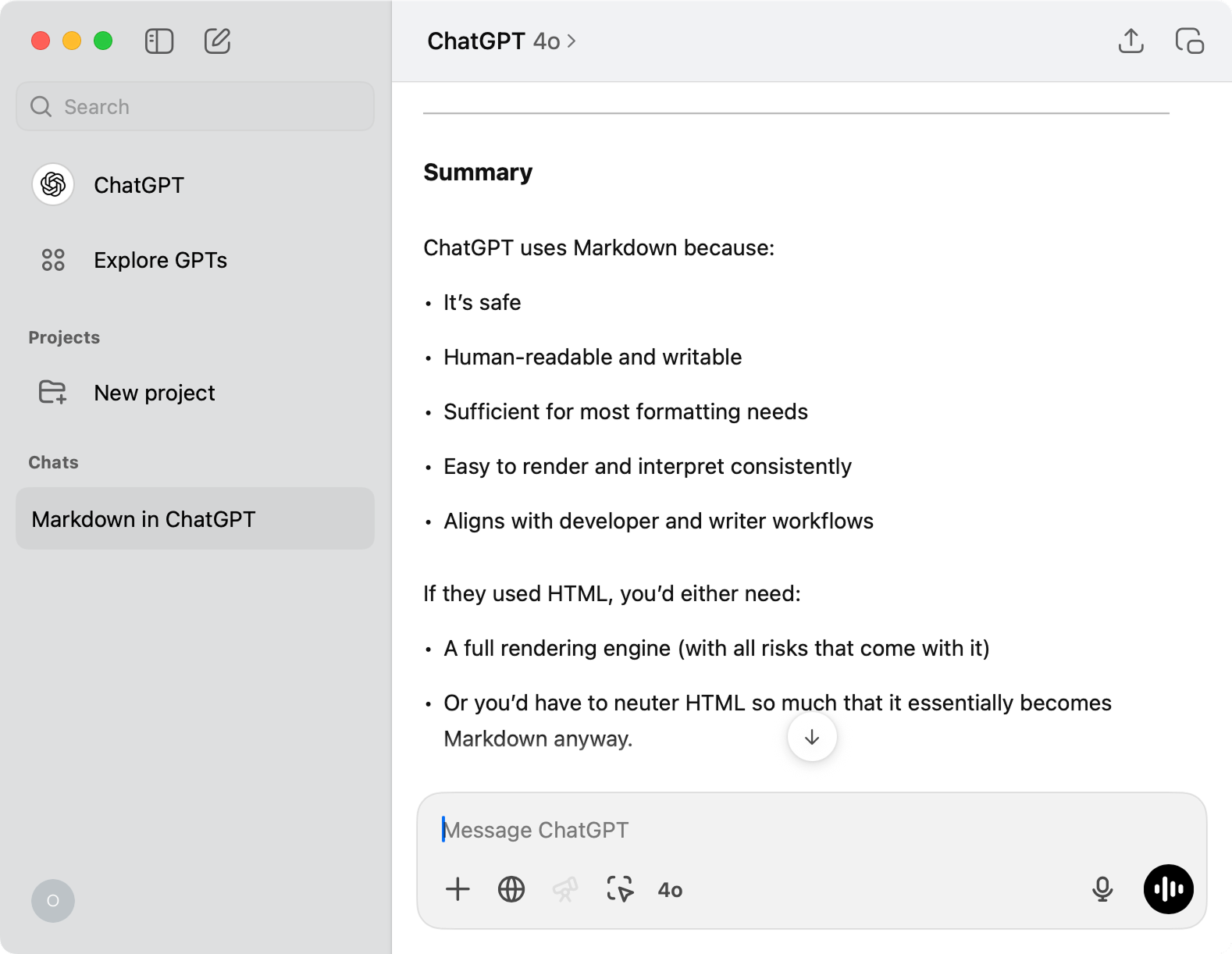 ChatGPT window with a contents of a dialogue on why it uses Markdown.
