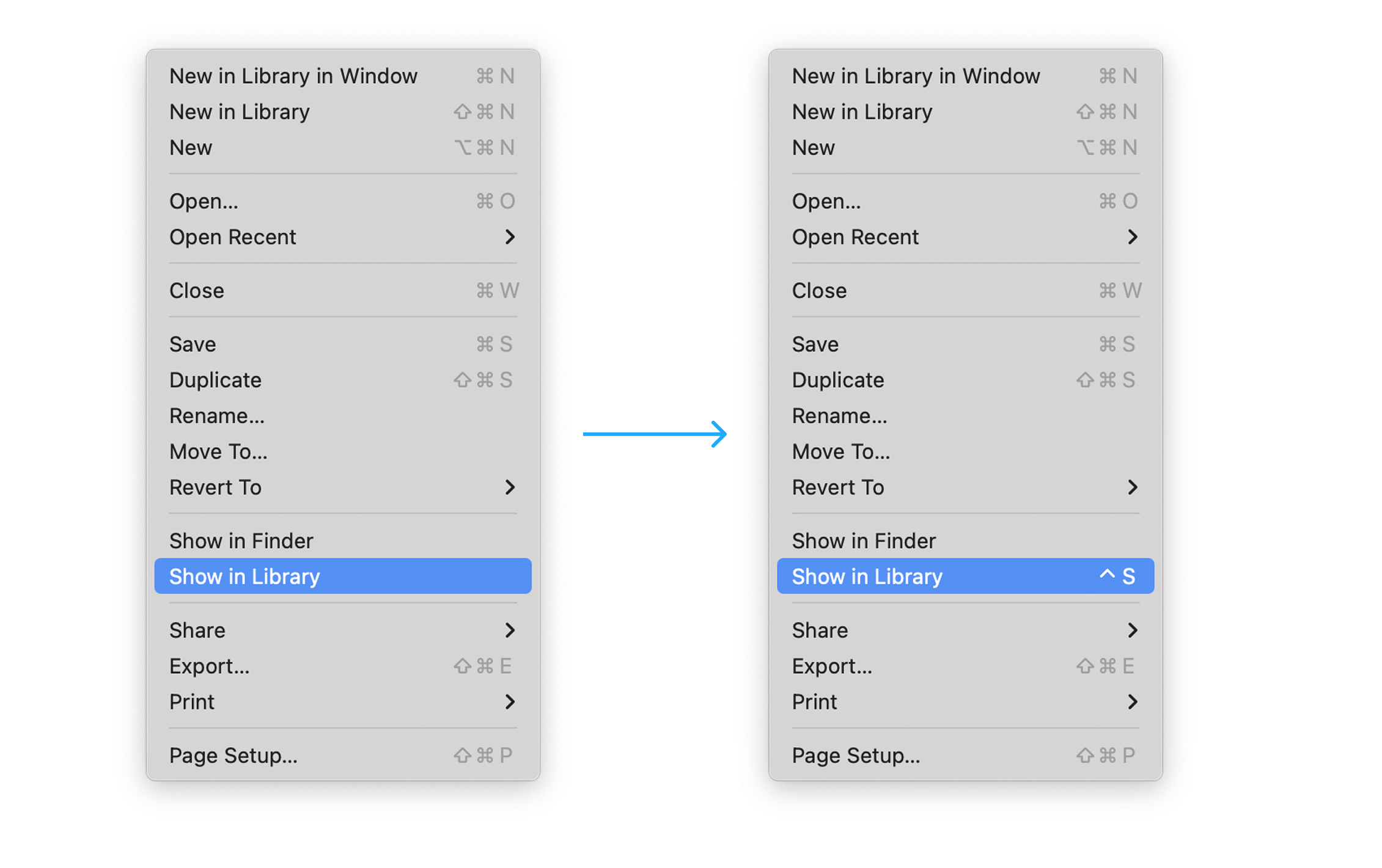 Side by side screenshots of the File menu before and after adding the custom shortcut.