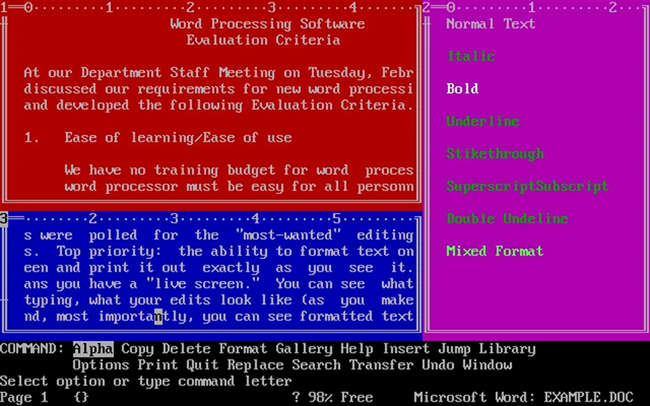 Word for DOS color screen circa 1984