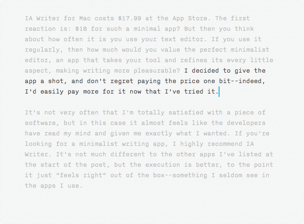 2011 screenshot of iA Writer's Editor with Focus Mode enabled showing a sentence in clear focus.