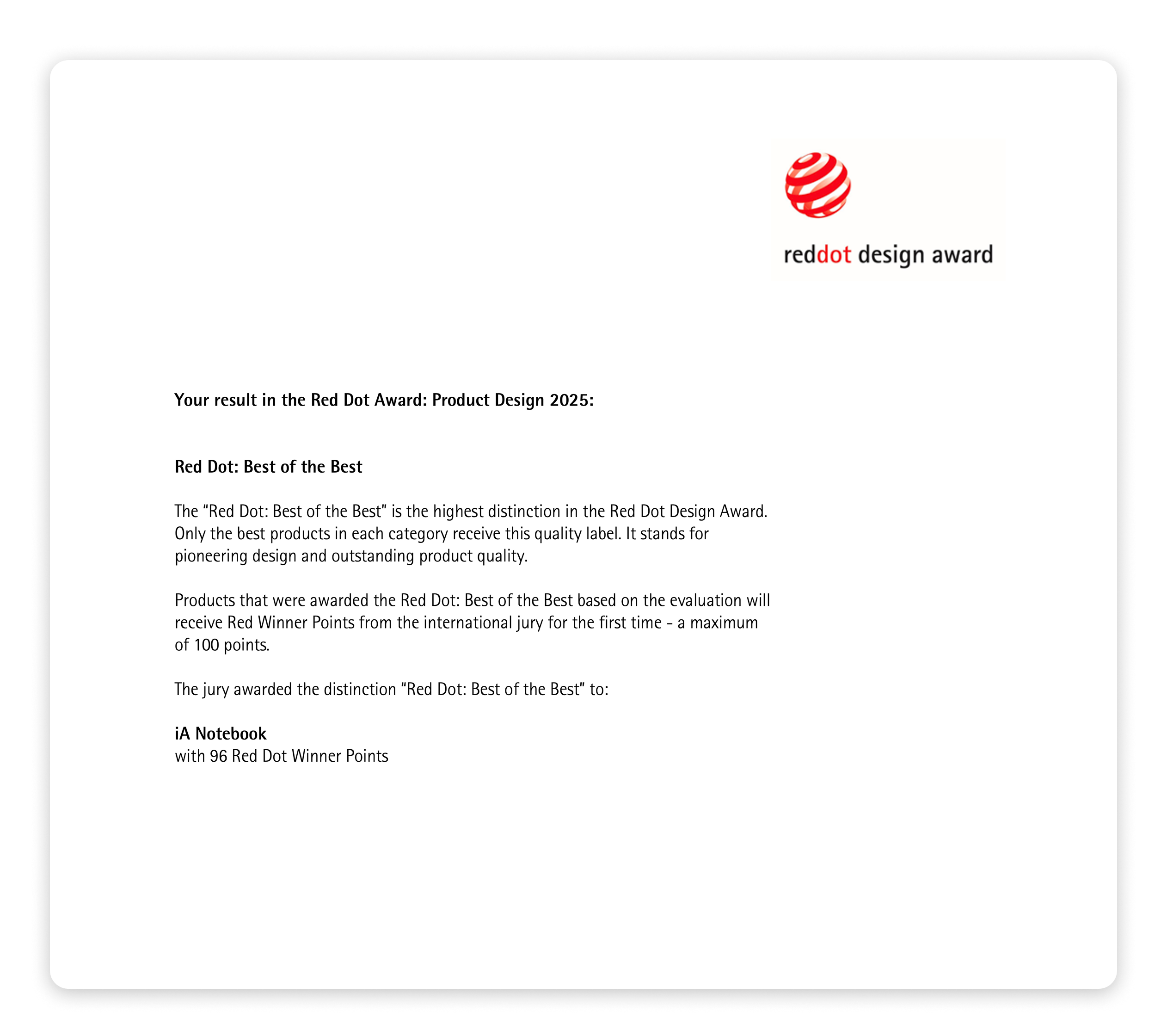 Red Dot Award for iA Notebook