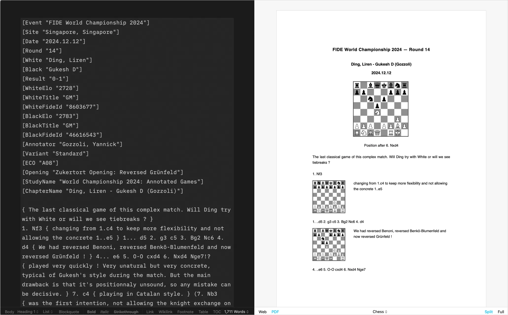 A screenshot of the Chess template with Editor and Preview side by side.
