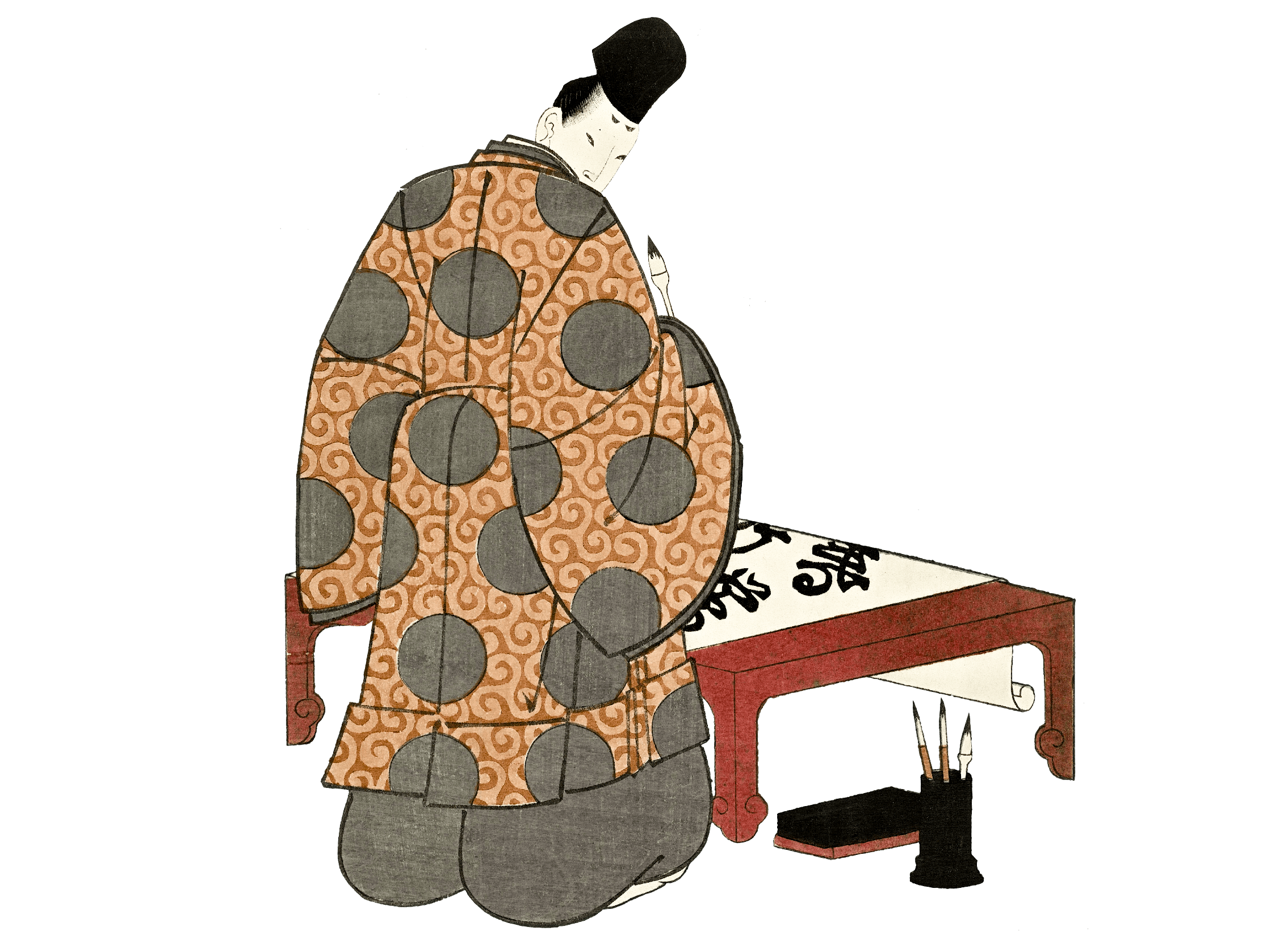 A traditional Japanese illustration of a person in a patterned kimono kneeling at a low red writing table, holding a brush and working on calligraphy. An inkstone and brush holder are placed beside the table.