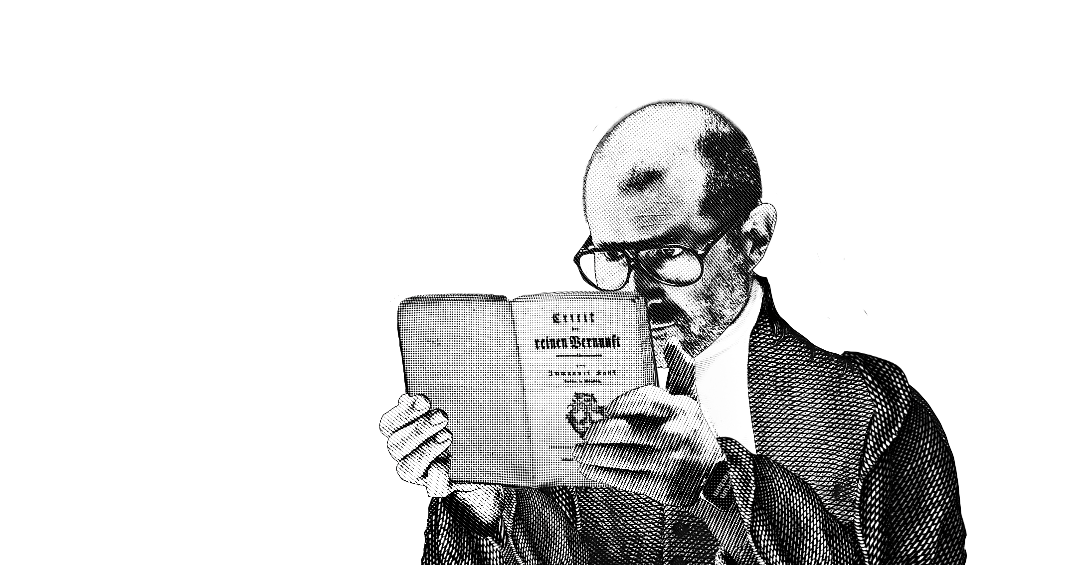 A black and white drawing of Jony Ive reading Kant.