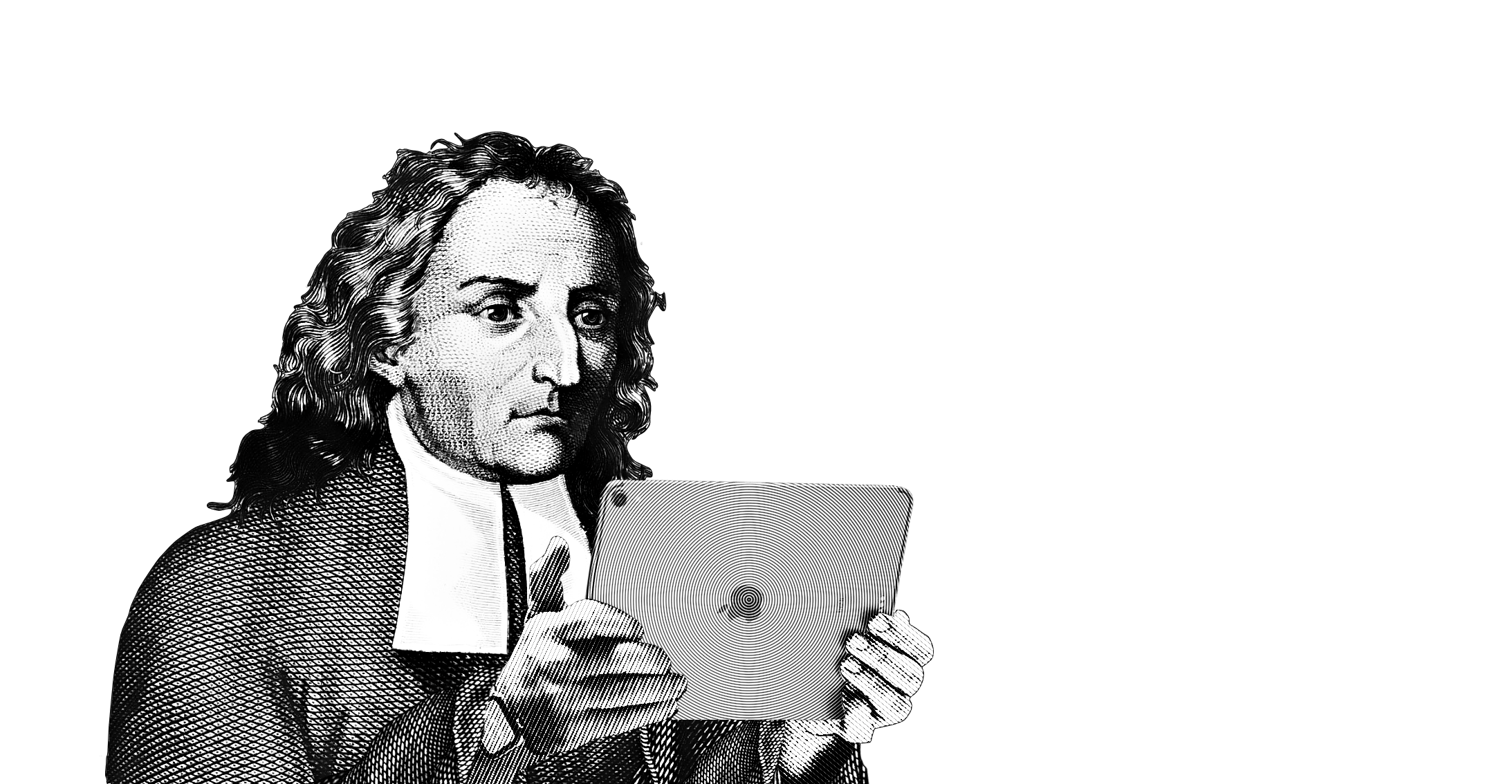 A black and white drawing showing Vico holding an iPad Pro.