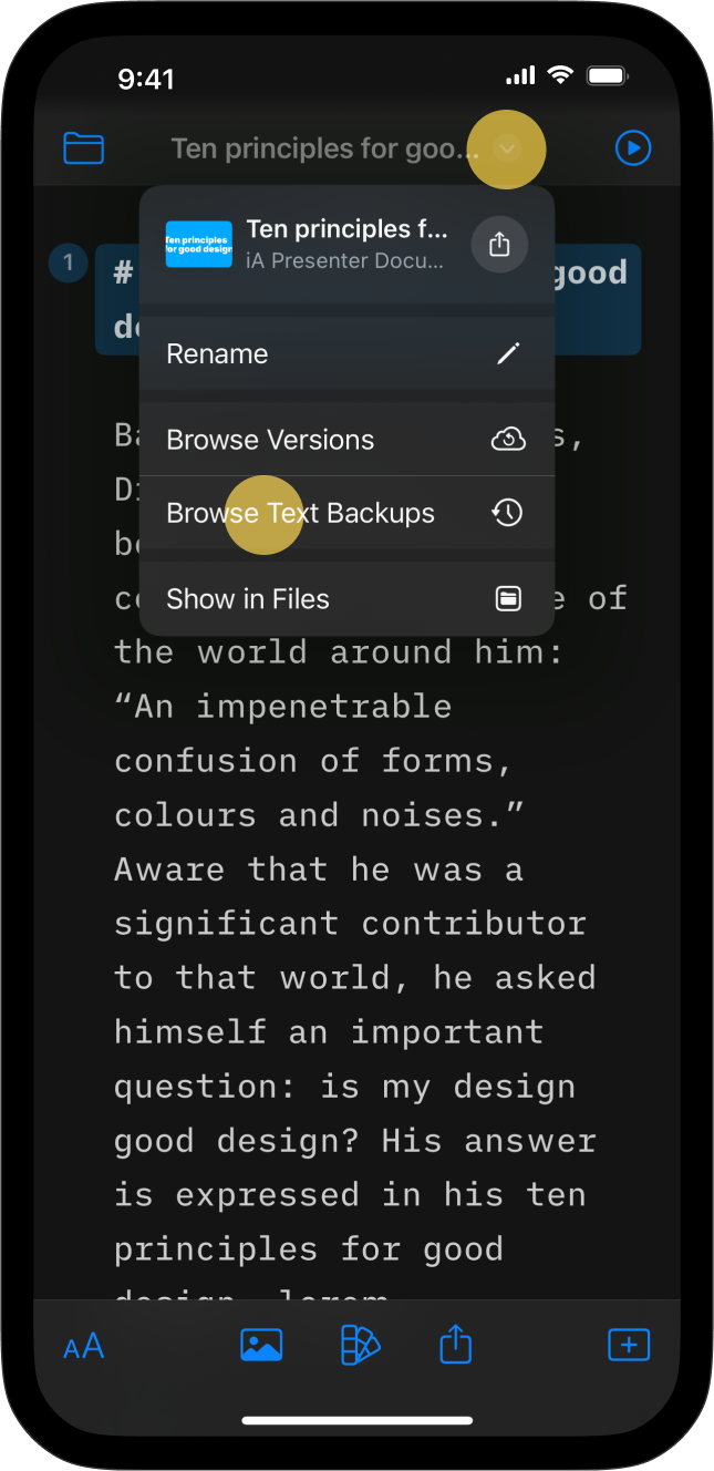 Screenshot of the Editor with a context menu opened and the Browse Text Backup tab highlighted
