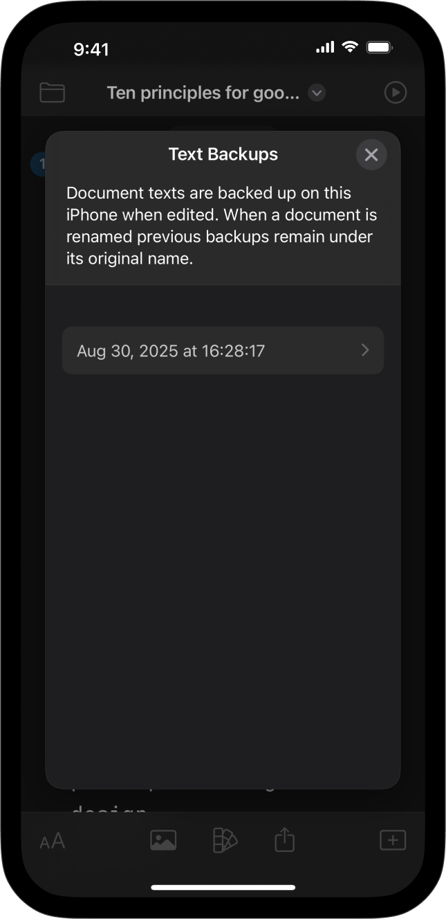Screenshot of the Browse Text Backup menu