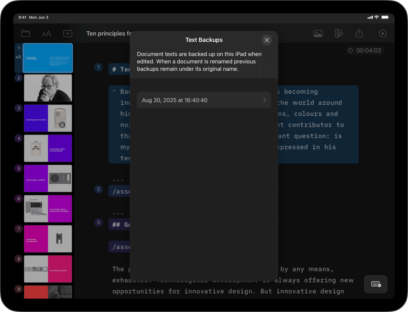 Screenshot of the Backups menu displaying a file available for backup.
