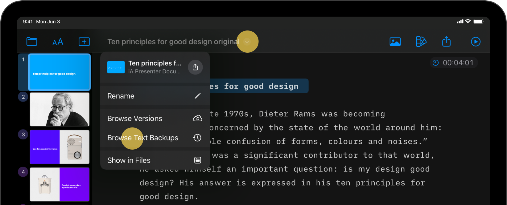 Screenshot of the Editor with a context menu opened and the Browse Text Backup tab highlighted