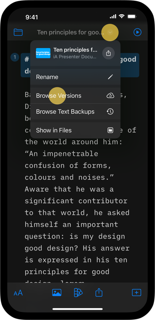 Screenshot of the Editor with a context menu opened and the Browse Versions tab highlighted