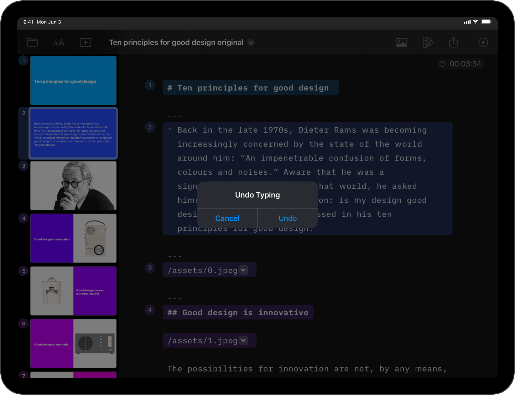 Screenshot of the Editor with a system pop-up asking to undo typing with the option to cancel or undo.