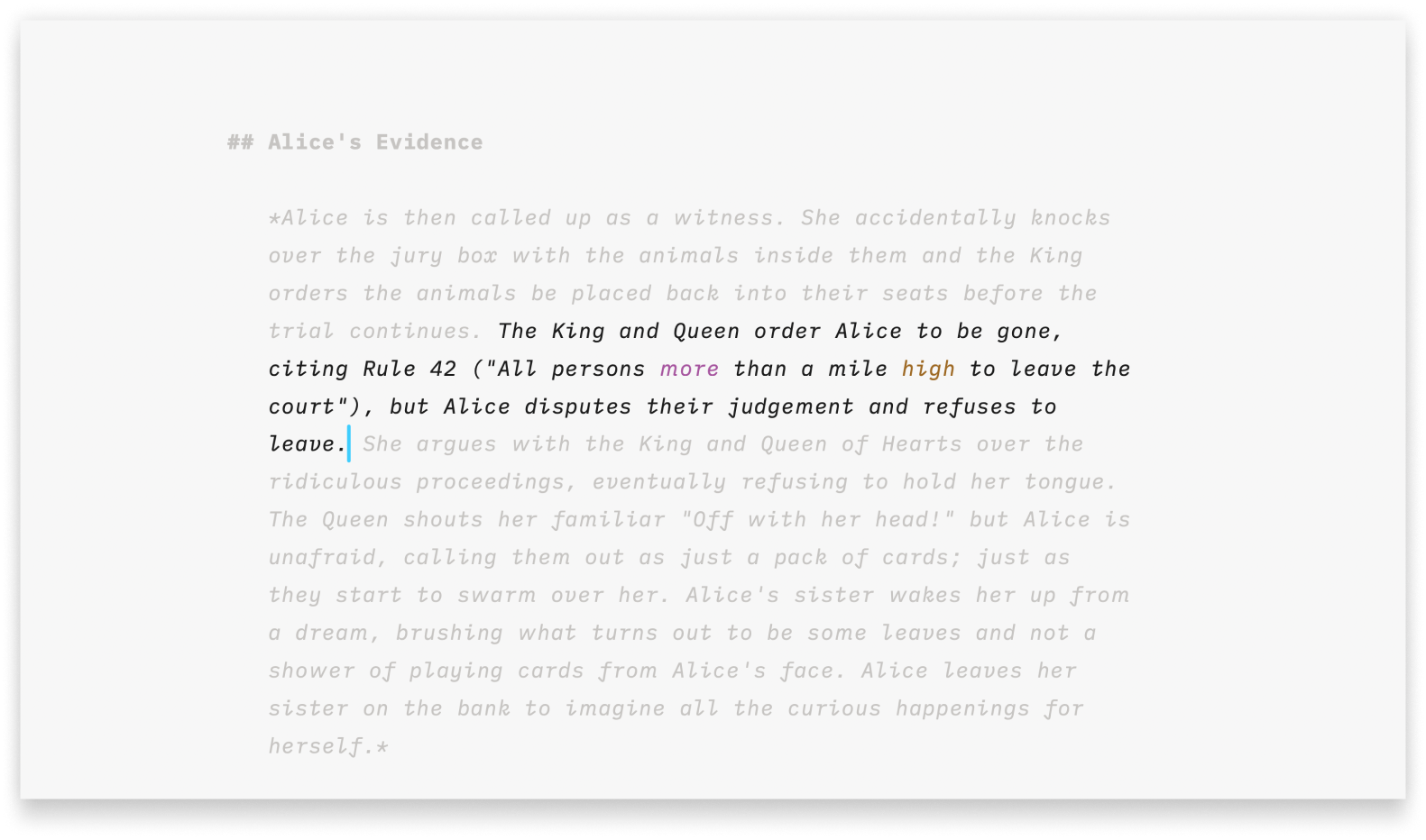 Screenshot of Writer with Syntax Highlight and Focus Mode enabled together