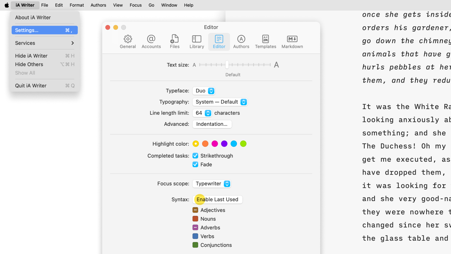 Screenshot of the menu bar of Writer showing how to access Syntax Highlight