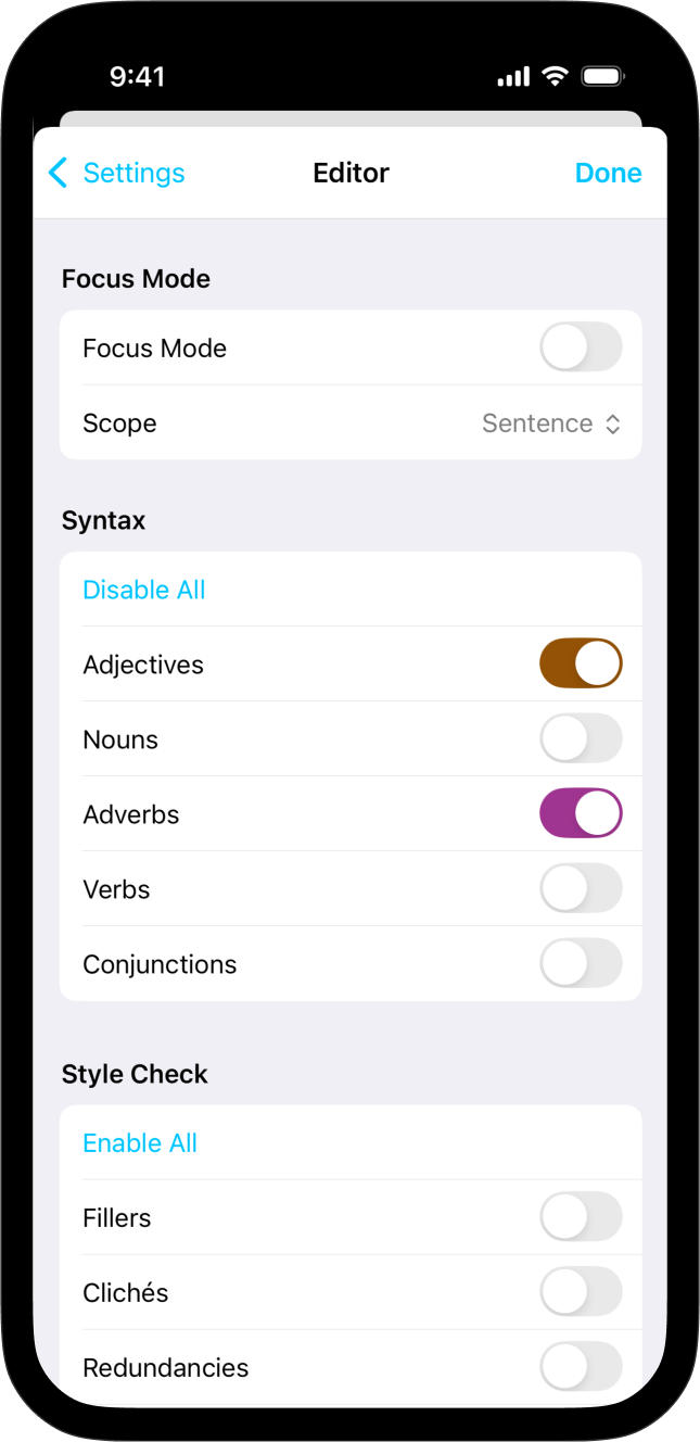 Screenshot of Writer for iOS showing the Syntax Highlight menu options with only Adjectives and Adverbs enabled.