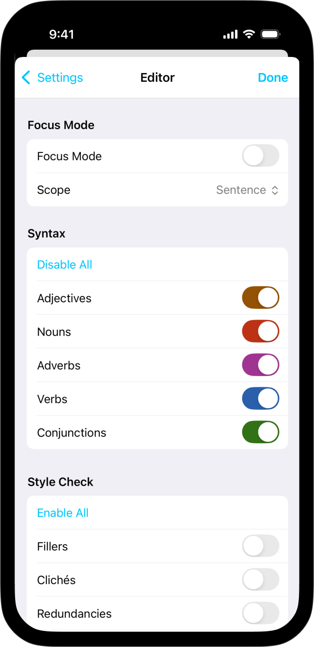 Screenshot of Writer for iOS showing the Syntax Highlight menu options.