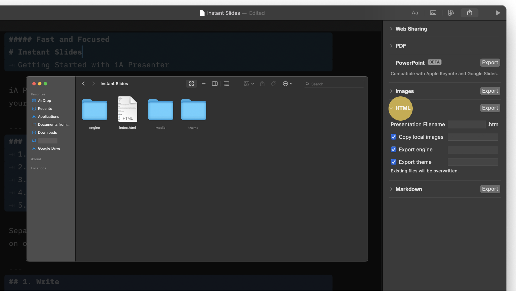 The HTML export in Finder with one folder for Engine, Images and Themes and one HTML file.