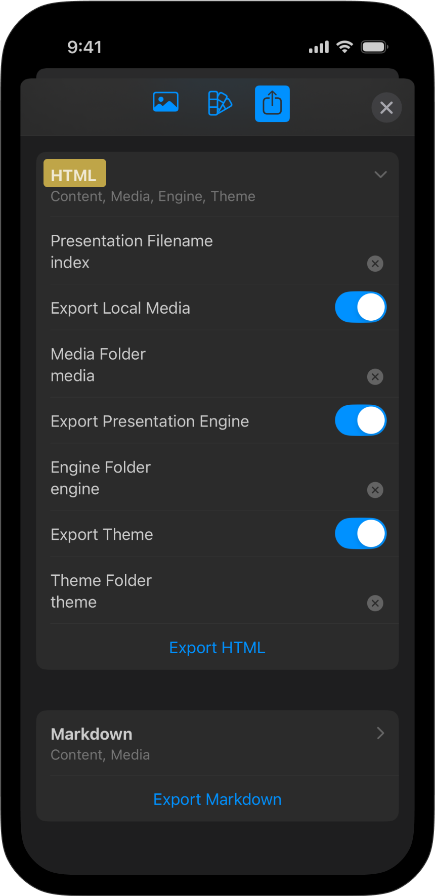 The export menu of Presenter for iOS showing the HTML Export options