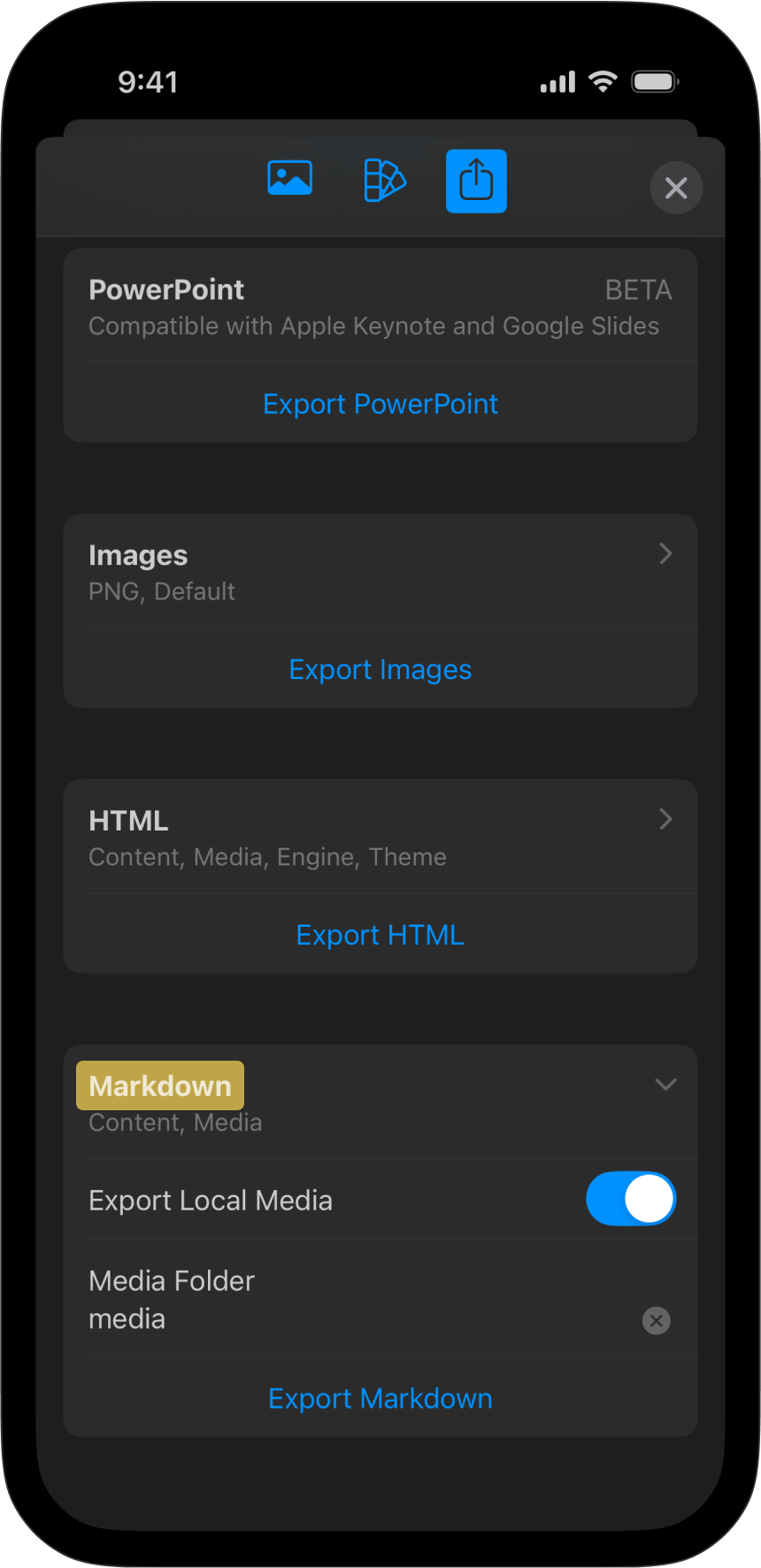 The export menu of Presenter for iOS showing the Markdown Export options