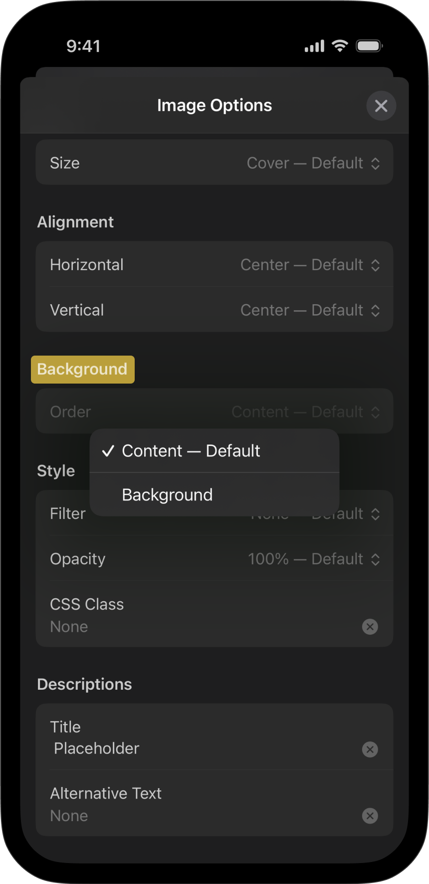 Screenshot showing Background set from the Image Options menu.