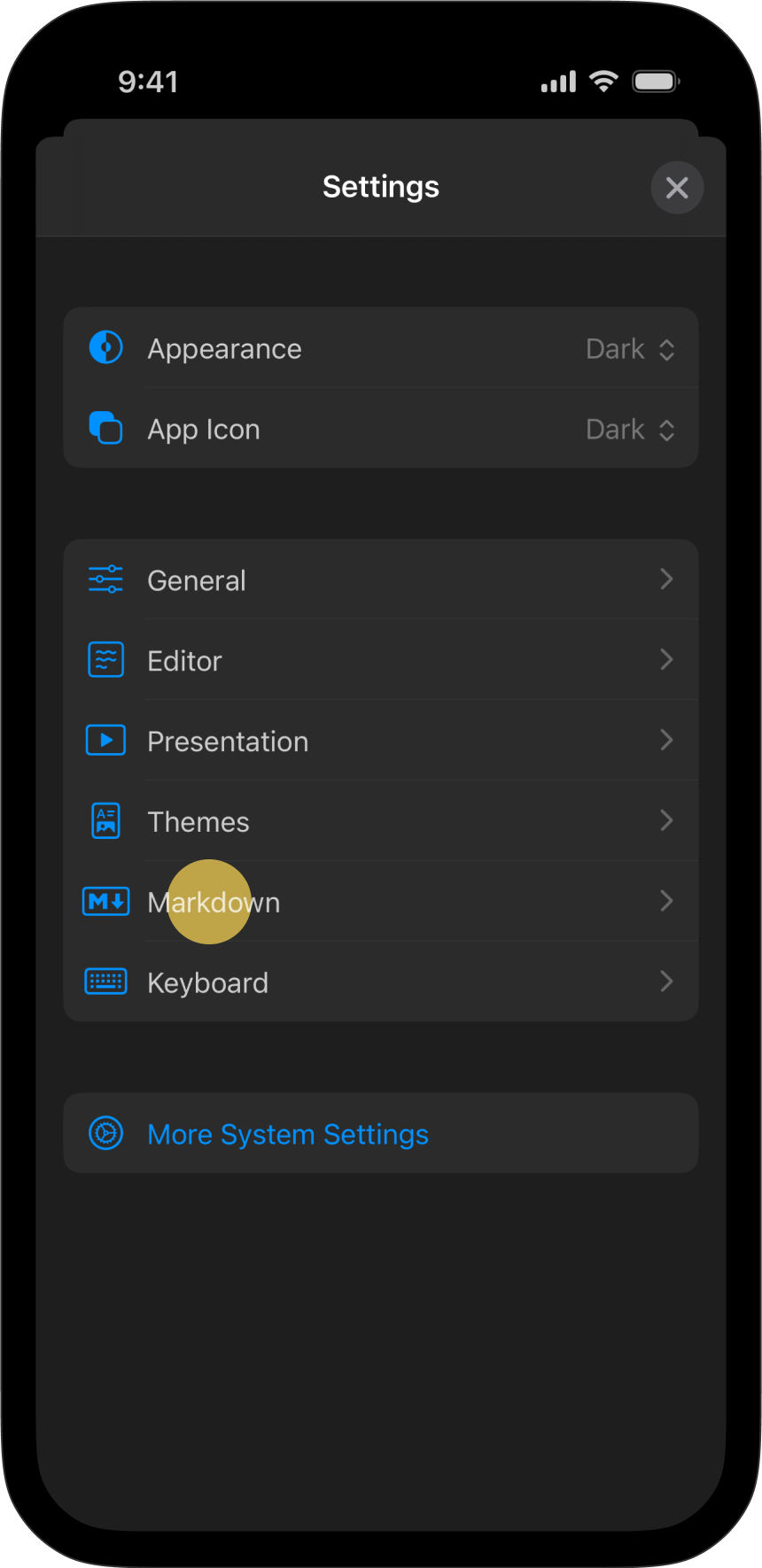 The Settings menu, with Markdown tab highlighted