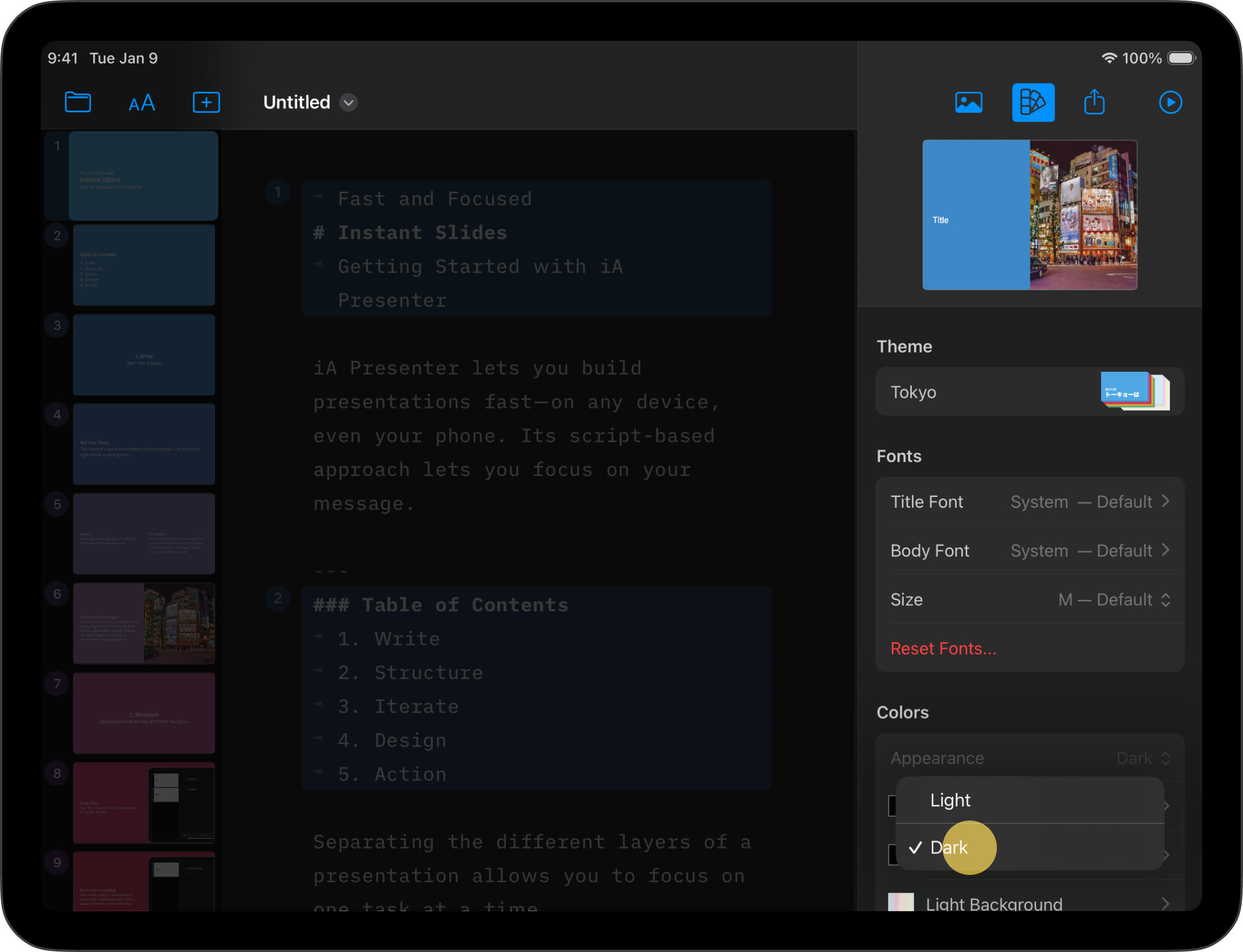 You can switch between light and dark mode in the Design menu.