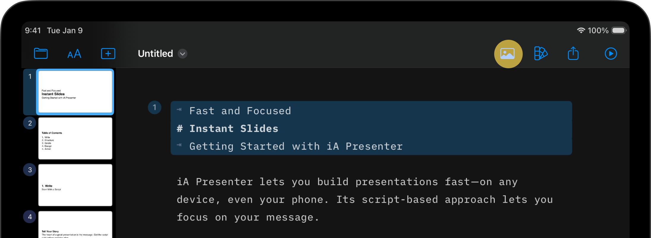 Access the Media menu from the icon on the top-right of the toolbar.