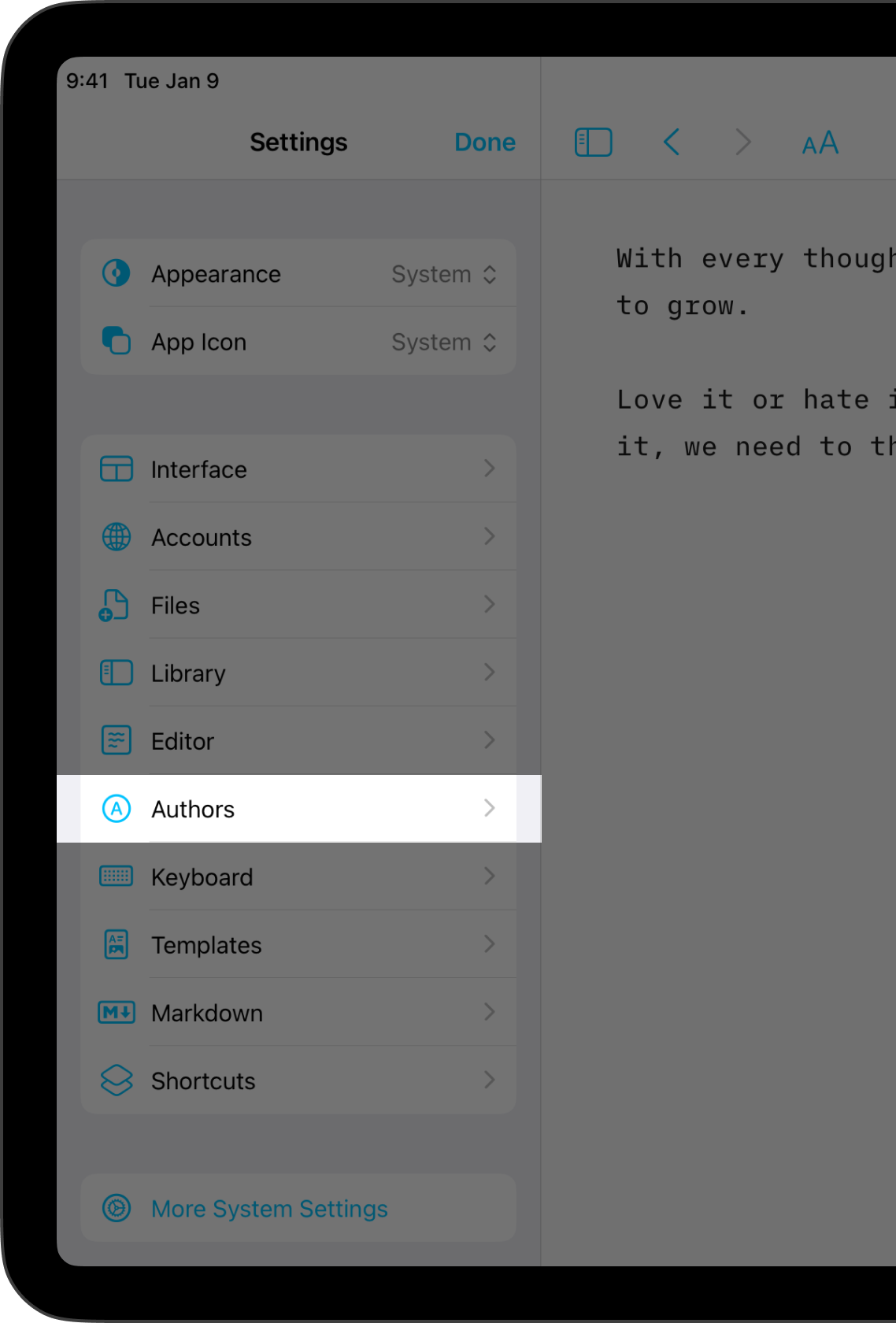 Screenshot of the Settings of Writer for iPad highlighting the Author menu