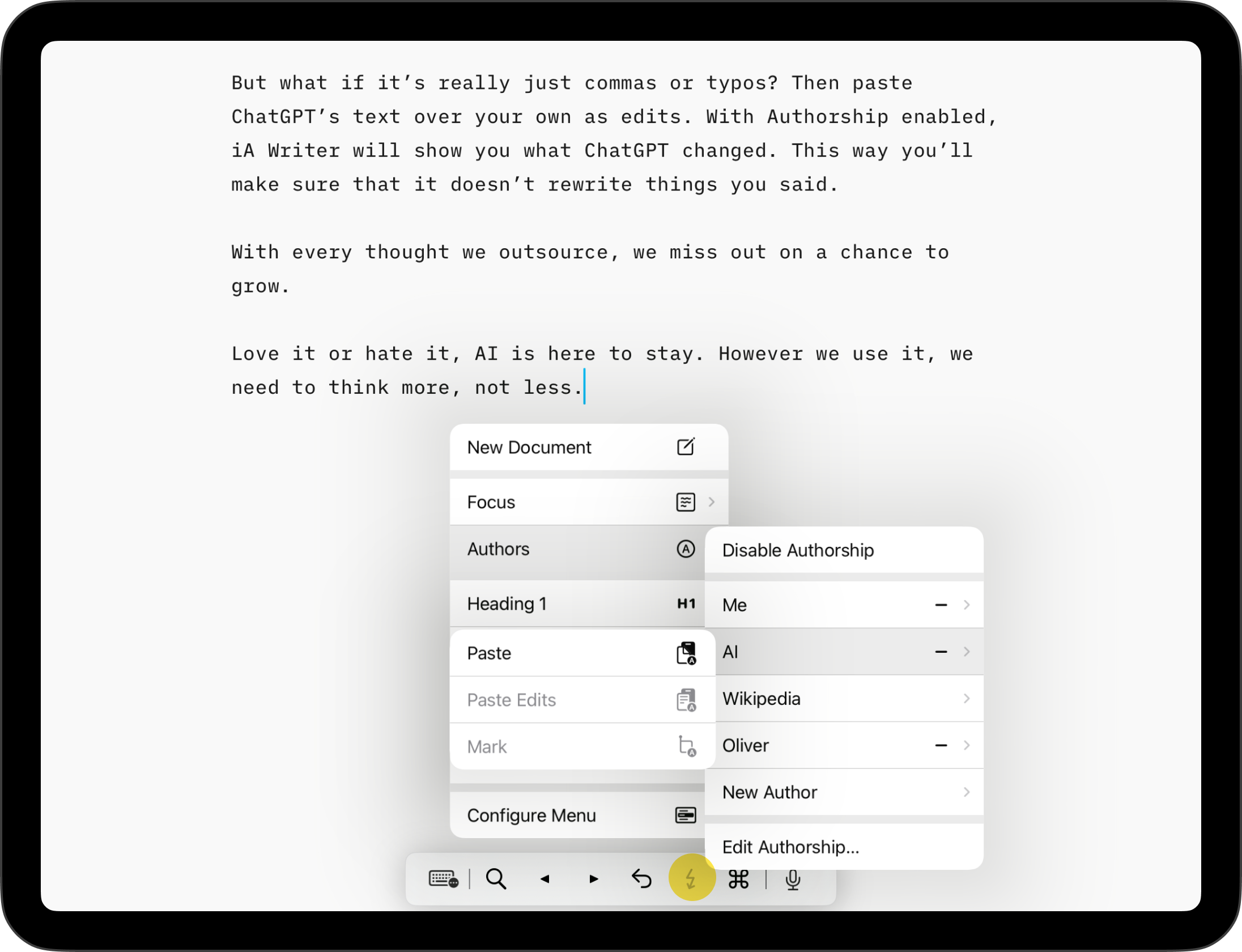 Screenshot of the Lightning context menu with an highlight on the Author options
