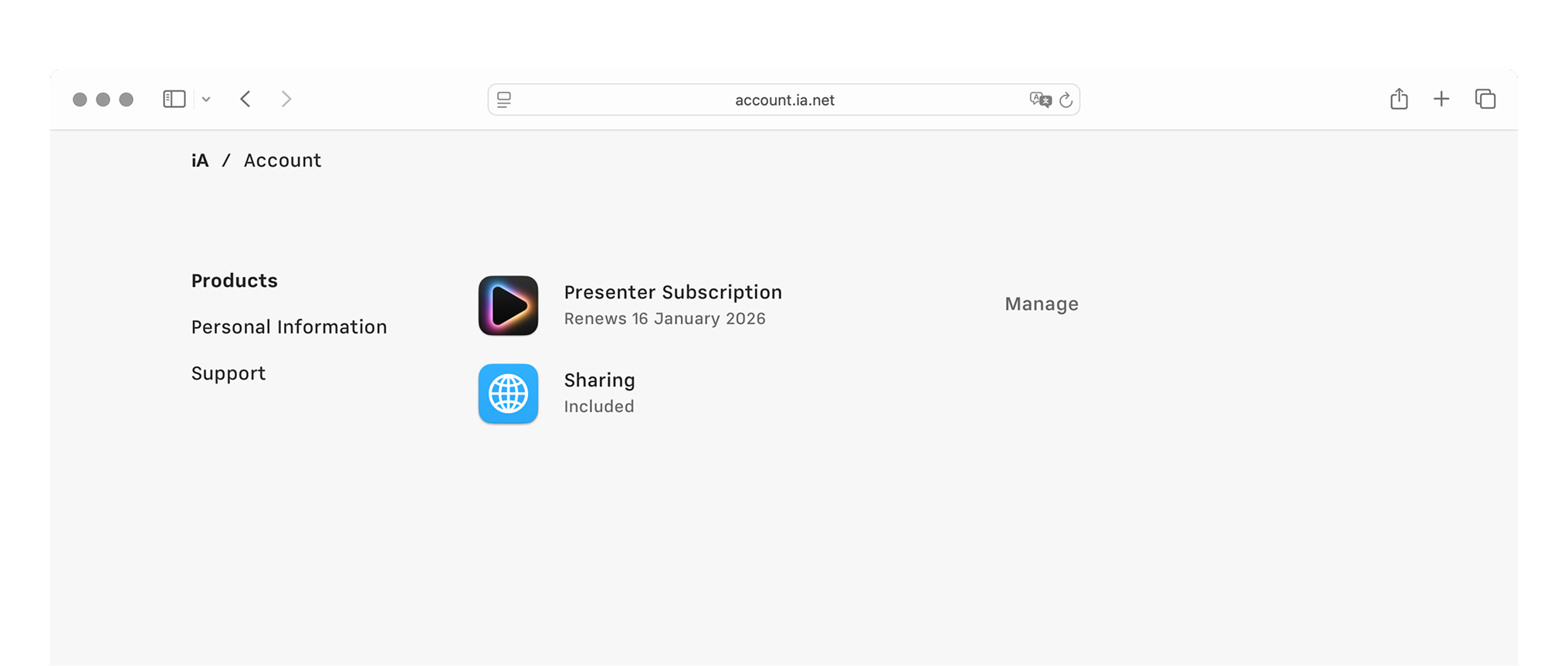 iA Accounts homepage showing user's active subscription and other iA services