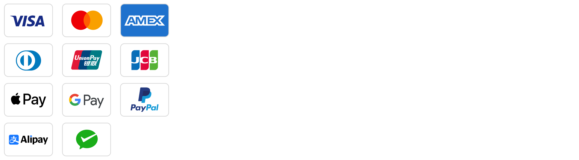 Logos of accepted payment methods for iA Presenter. Left to right, top to bottom: Visa, Mastercard American Express, Diners, China Union Pay and JCB, Apple Pay, Google Pay, Paypal, AliPay, and WeChat Pay