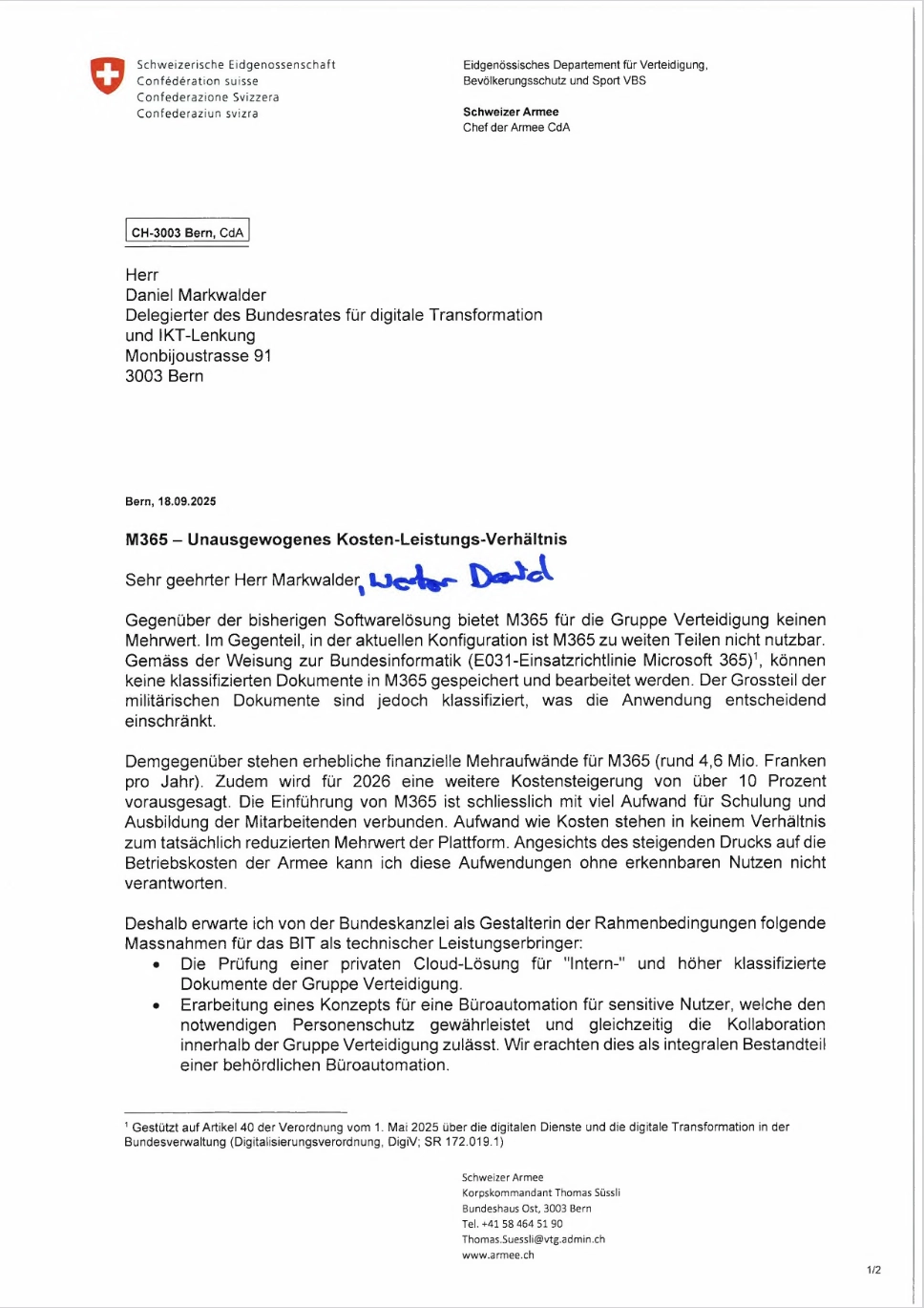 Swiss Armed Forces letter on Microsoft 365, page 1