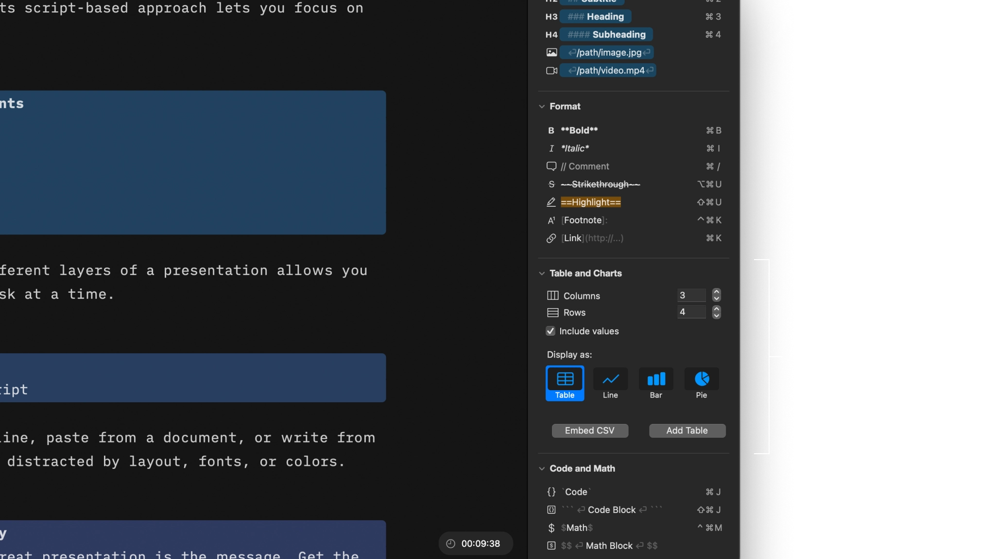 The tables and charts options in the right-hand inspector